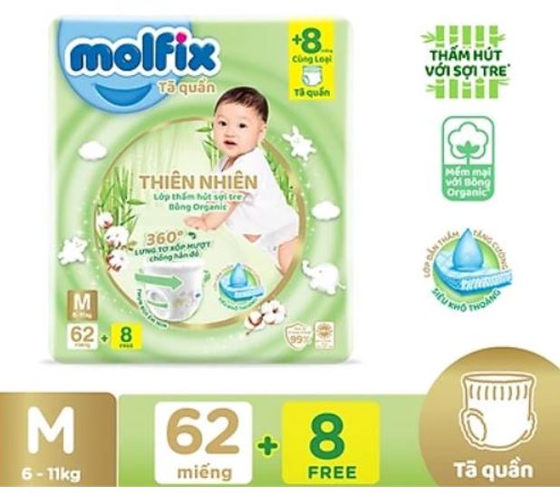 Tã/bỉm quần molfix thiên nhiên m62, l54+8, xl48+8, xxl44+8