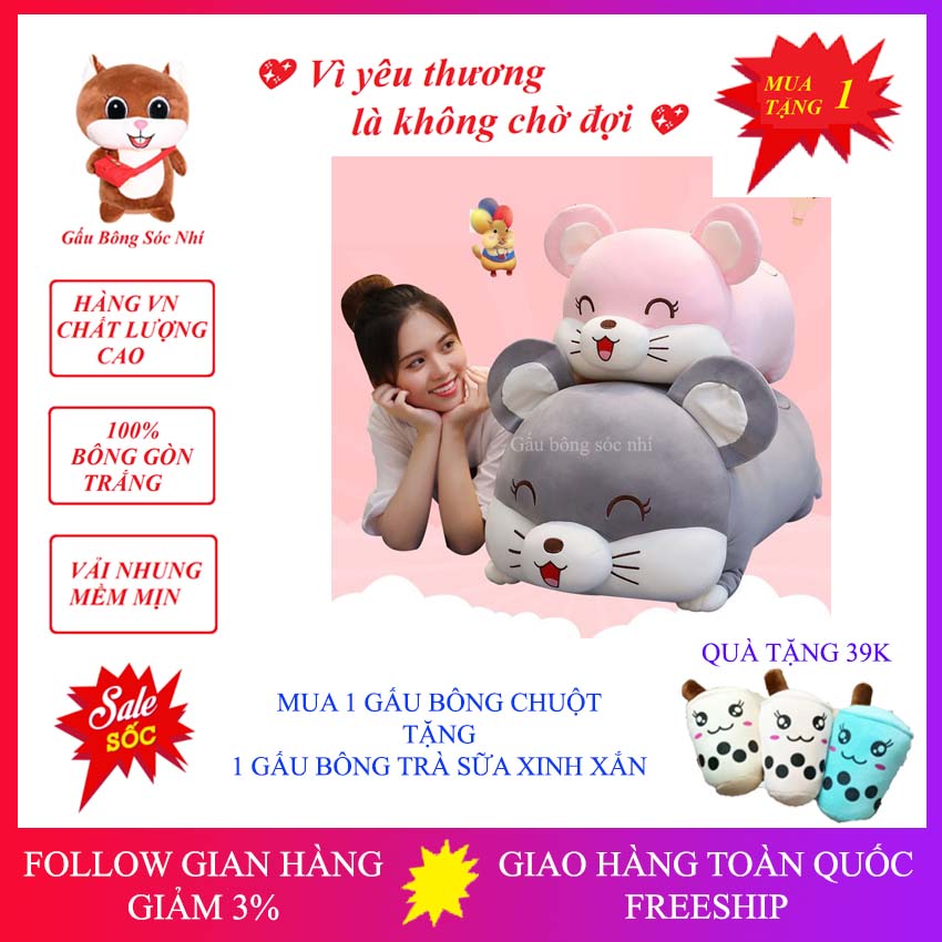 [Mua 1 Tặng 1] Gấu Bông Chuột Size Bự 1m Cao Cấp - Gấu Bông Sóc Nhí 07 - Gấu Bông Cao Cấp Vải Nhung Co Giãn 4 Chiều - Mua 1 Gấu Bông Gối Ôm Chuột Tặng 1 Gấu Bông Trà Sữa Xinh Xắn