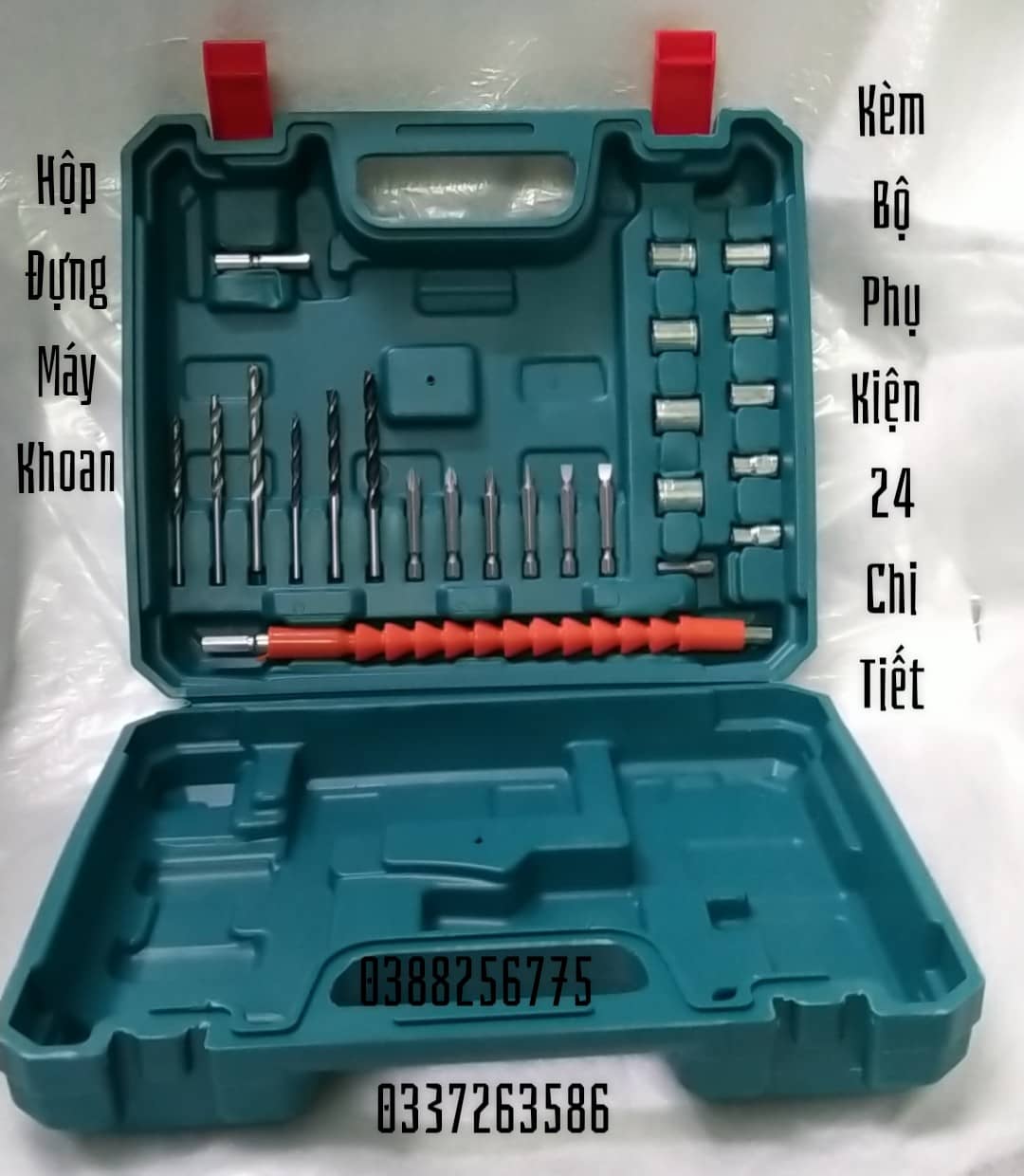 Hộp đựng máy khoan kèm phụ kiện 24 chi tiết.dành cho các loại máy khoan 12v.18v.21v.24v.26v.28v.