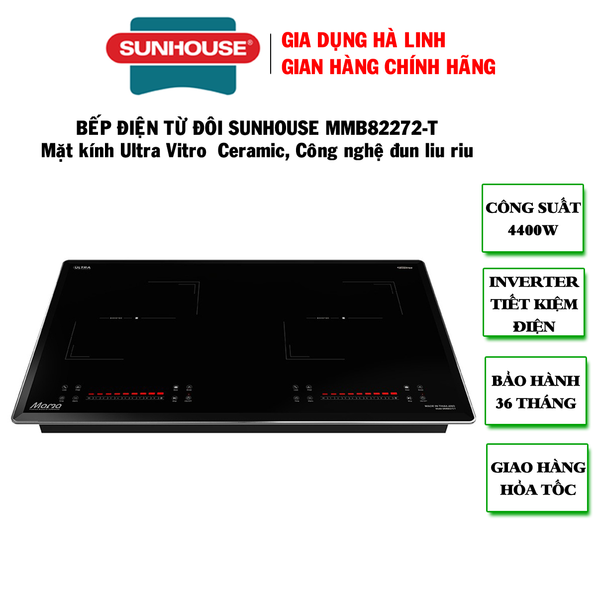 Bếp điện từ đôi Sunhouse MMB82272-T, Công suất 4400W, Mặt kính Ultra Vitro Ceramic thiết kế vát, bo viền 4 cạnh, Chức năng nấu nhanh Booster, Inverter, Slow cook - Sôi liu riu, Bảng điều khiển Slider Control siêu nhạy, BH 3 năm tại nhà