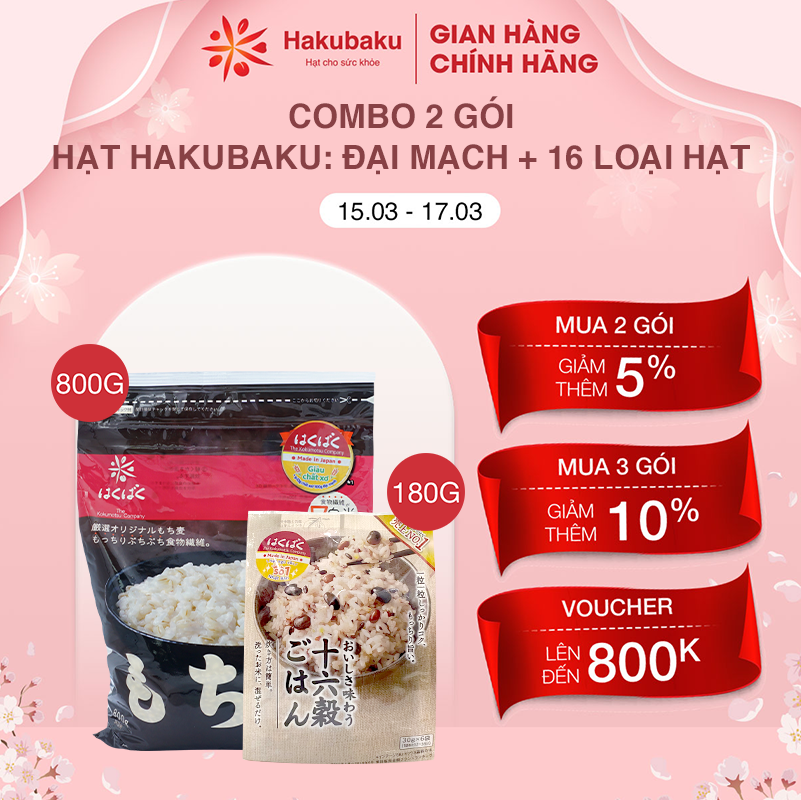Combo Hạt đại mạch 800g + ngũ cốc 16 loại hạt Hakubaku 180g, Chất xơ cao, Kiểm soát Cholesterol, Lợi tiêu, Ngăn hấp thụ đường, Không cần ngâm chính hãng