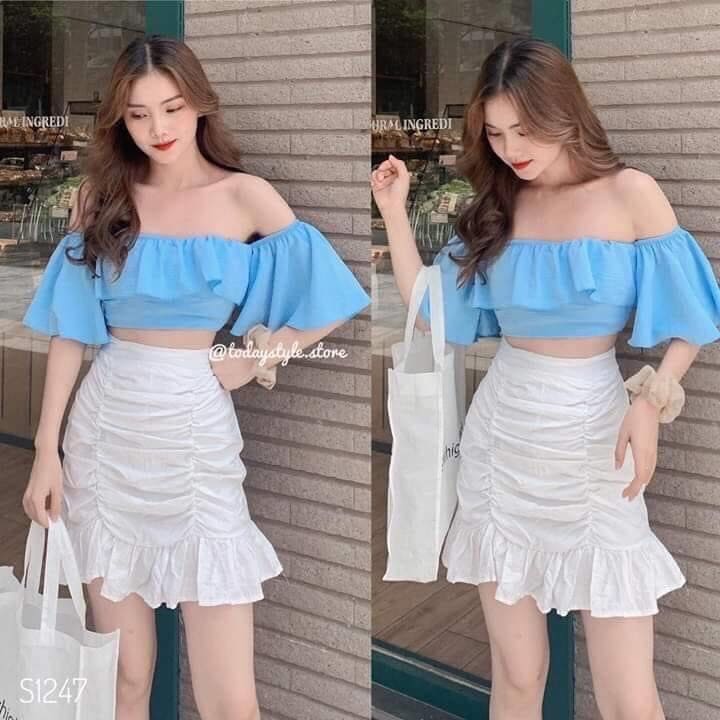 Sét áo nhún bèo 2 lớp trễ vai & chân váy nhún xinh xinh