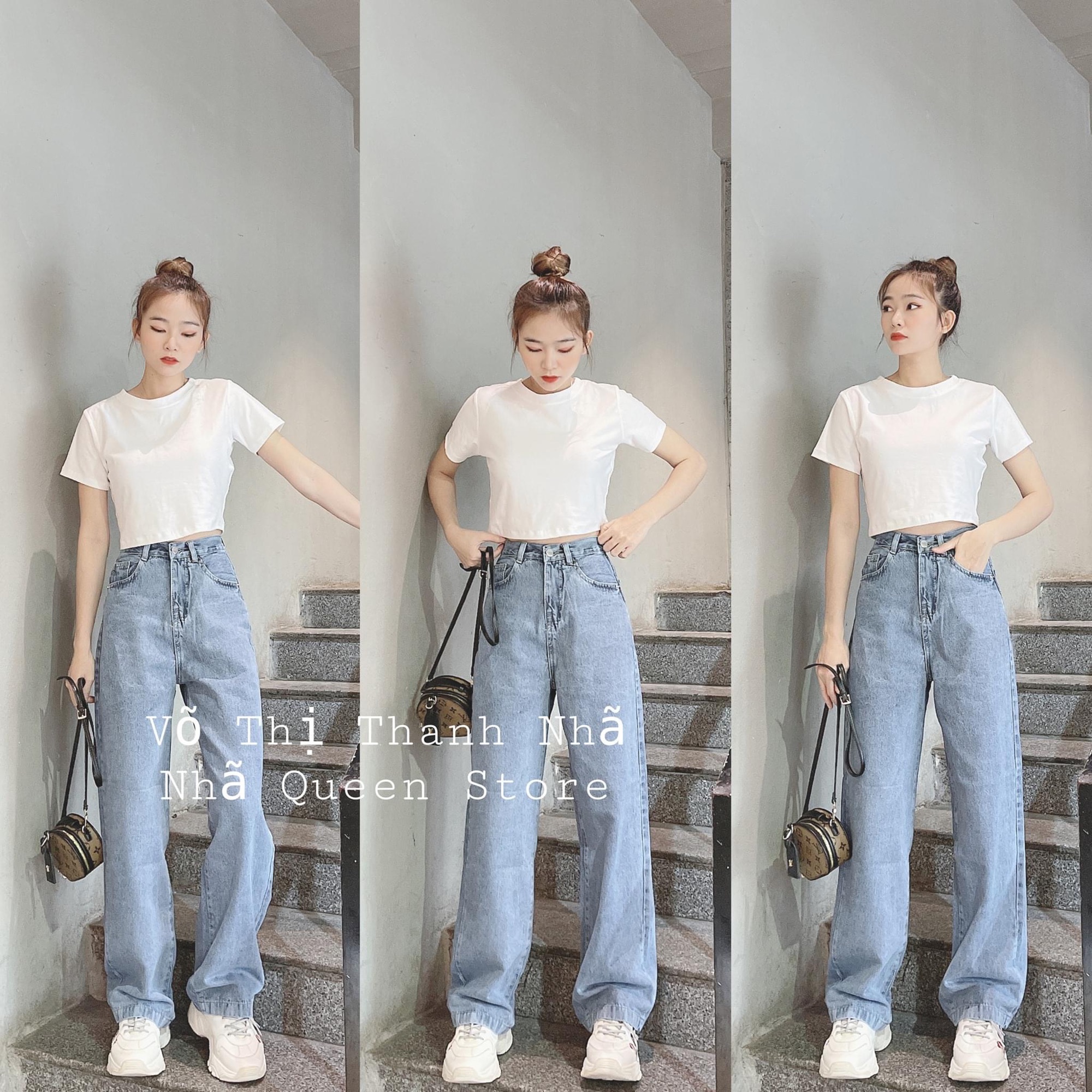 Set Baggy Jeans Ống Suông Trơn + Crop Cổ Tròn