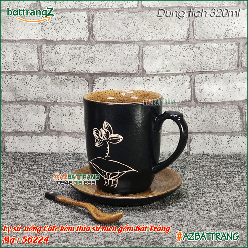[New] Ly cốc sứ uống cafe kèm thìa sứ men gốm khắc Sen Chuồn Bát Tràng