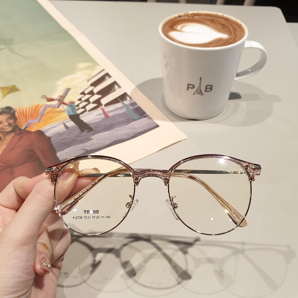 Kính nữ Hàn Quốc 2736 nhiều màu viền mỏng gọng nửa tròn bầu kim loại nhựa dẻo kính trắng giả cận bảo hành 12 tháng