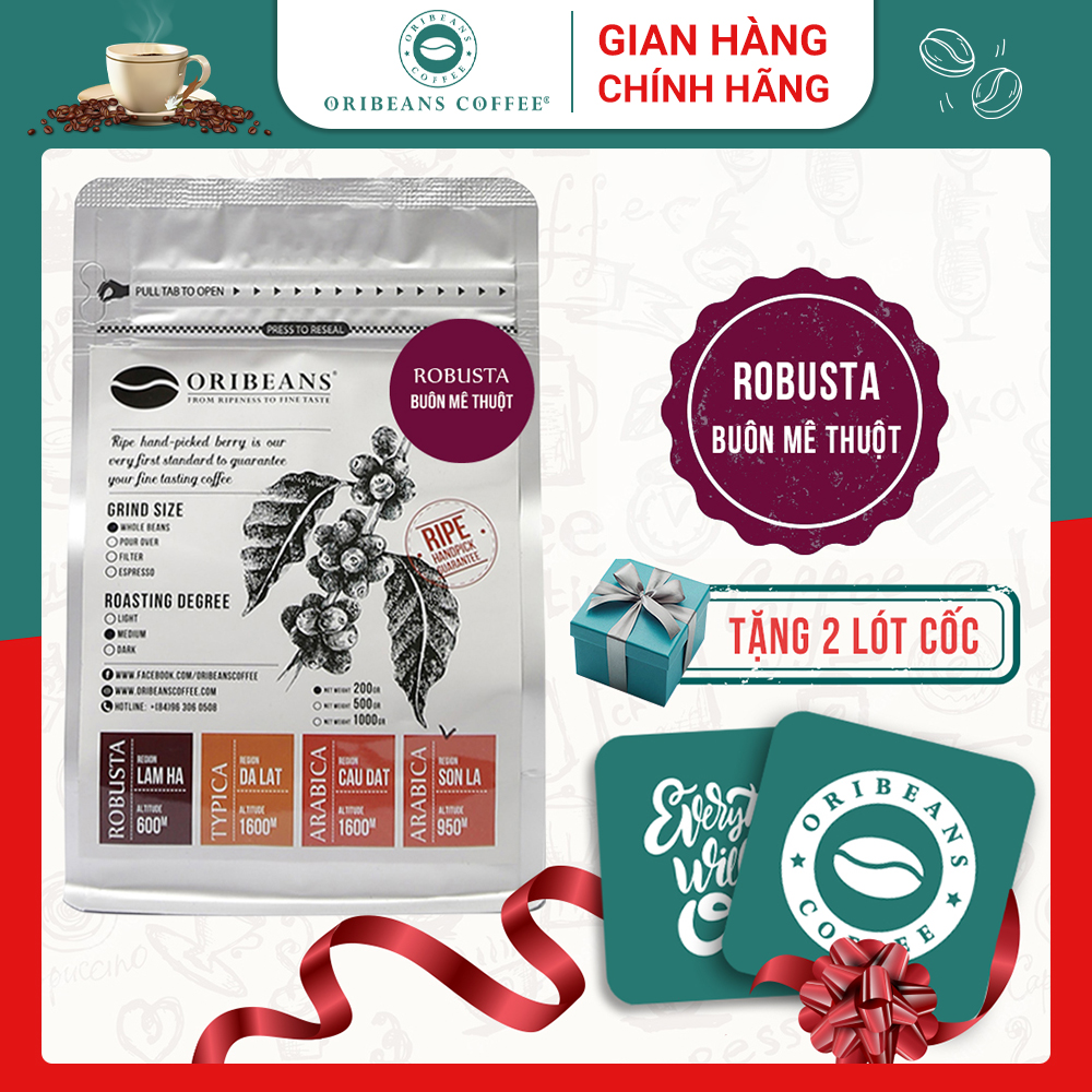 Cafe Robusta Buôn Mê Thuột cà phê xay nguyên chất, thương hiệu ORIBEANS, hương vị đậm đà, thích hợp uống cà phê truyền thống (GỒM QUÀ TẶNG GIÁ TRỊ)