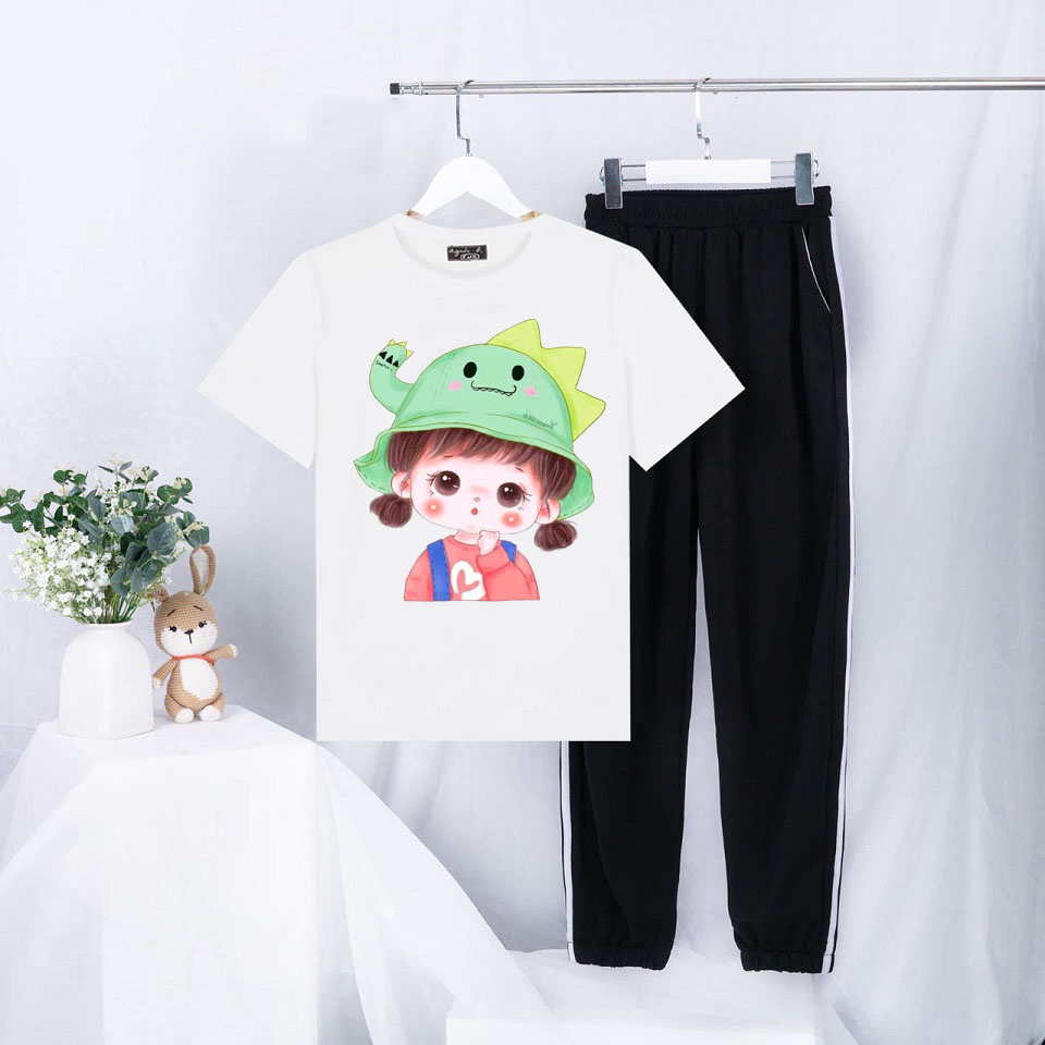 Sét Bộ Đồ Quần Áo Nữ Mùa Hè Mặc Đi Chơi Dạo Phố Cá Tính, Áo Thun Phông Cotton Organic Ngắn Tay Cổ Tròn Mát Mịn In Bé Đội Mũ Khủng Long Dễ Thương Mix Quần Thun Bo Gấu