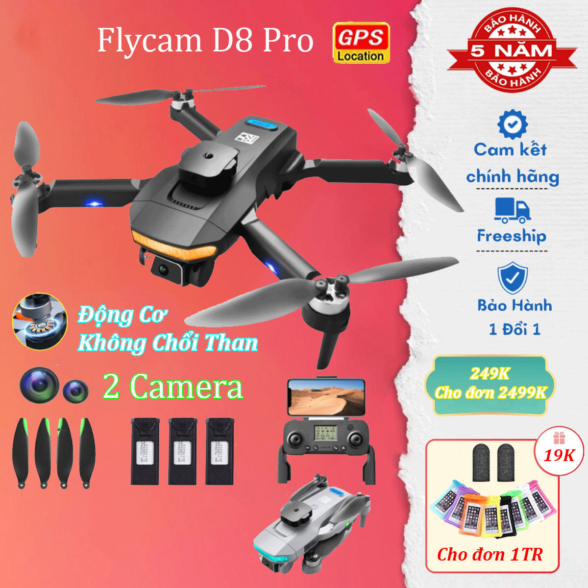 máy bay flycam D8 Pro ,flycam có định vị G.P.S  tự quay về , fly cam được trang bị 2 camera động cơ không chổi than . Bảo hành 5 năm
