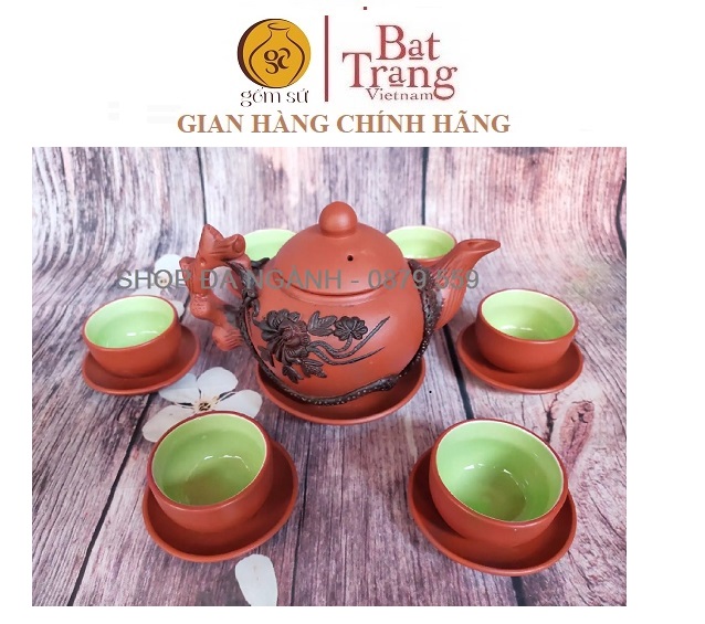 Bộ ấm chén tử sa Bát Tràng, đắp nổi cỡ to, dung tích ấm 500ml {Gốm sứ Bát Tràng]
