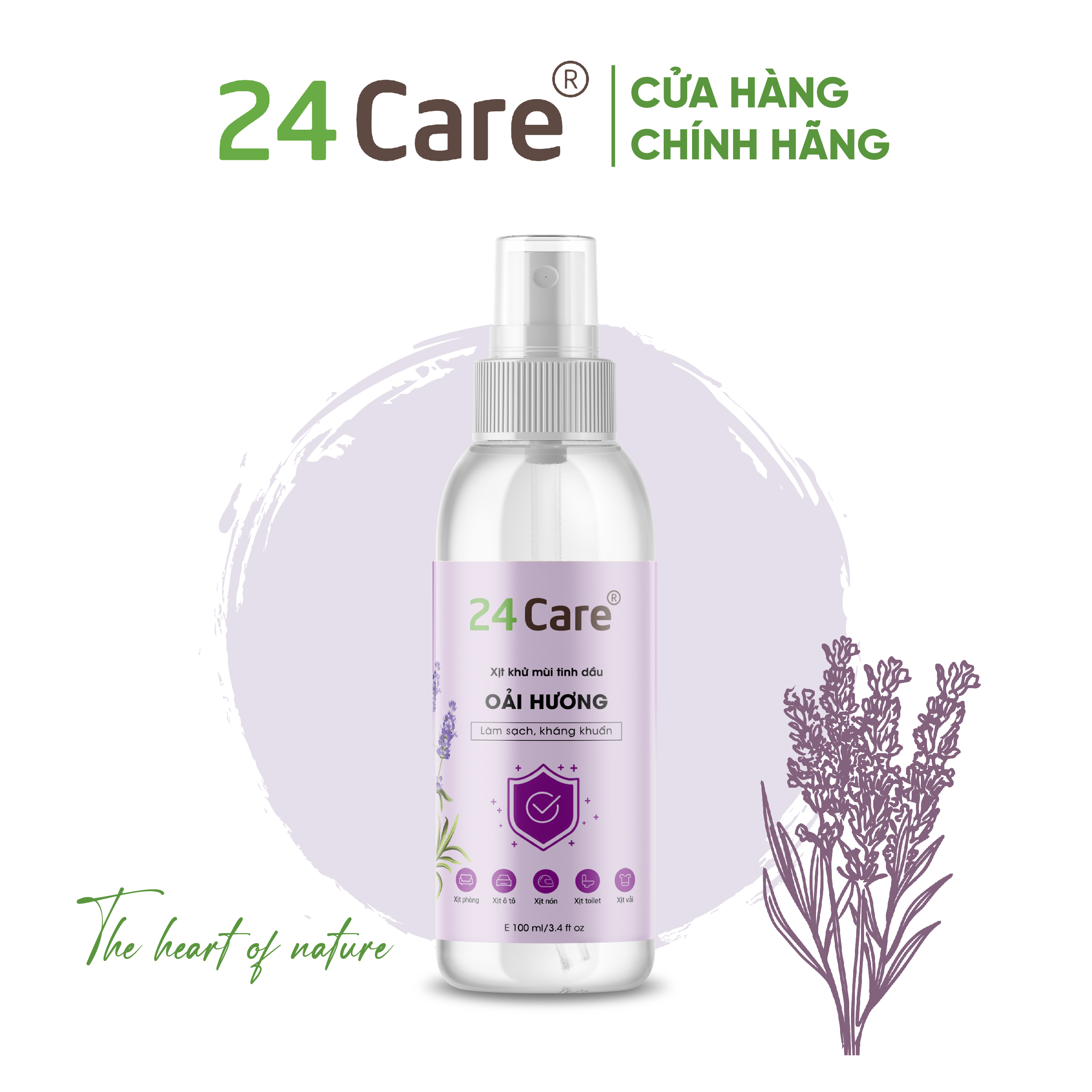 Xịt Phòng Tinh Dầu Oải Hương Hữu Cơ Organic  24Care 50ML/100ML - Kháng khuẩn - Khử mùi hôi - Đuổi muỗi - côn trùng - Giúp thư giãn, cải thiện giấc ngủ - Giảm căng thẳng khi làm việc