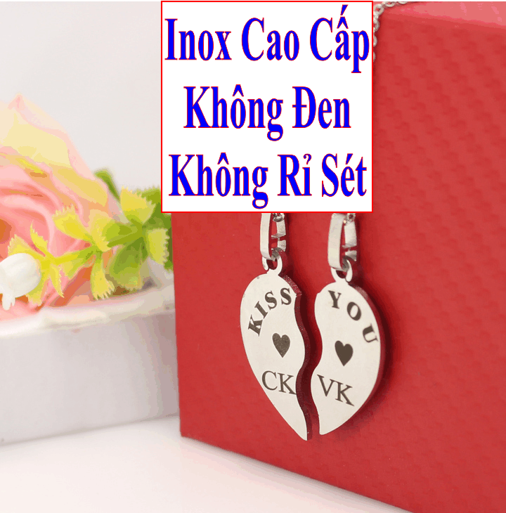 Dây chuyền cặp đôi inox Đẹp Mà Rẻ màu trắng 2 mảnh ghép trái tim khắc chữ CK / VK kết hợp chữ KISS YOU - Cam kết 1 đổi 1 nếu hoen , gỉ sét
