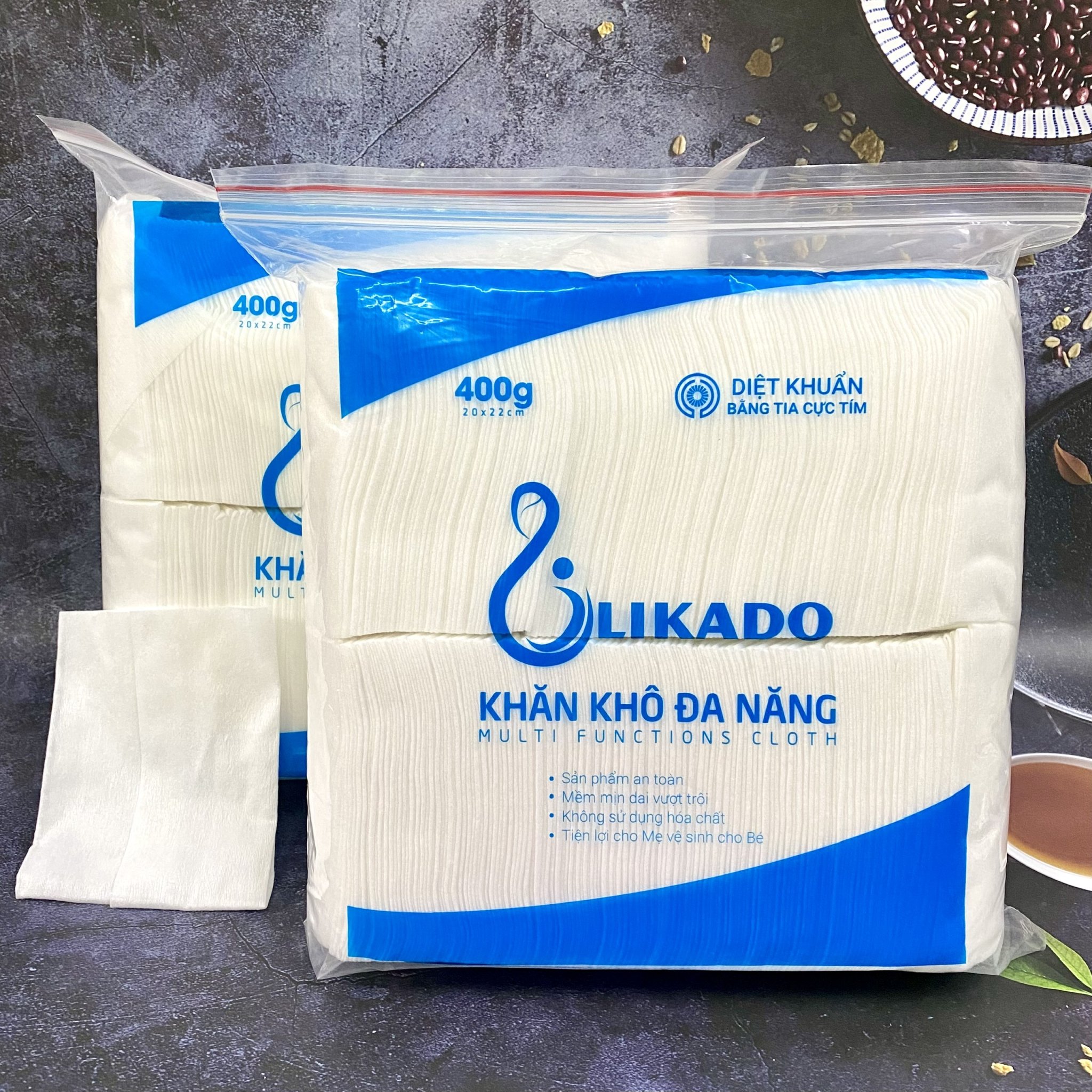 Khăn vải khô đa năng likado chuyên spa 400g size 20 x 22 cm có túi zip tiện lợi
