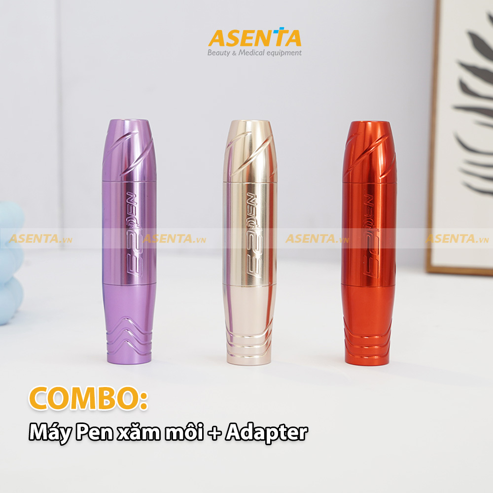 [2 món] Máy pen E2 + Adapter led cao cấp, siêu êm phun xăm mày, môi chính hãng Asenta