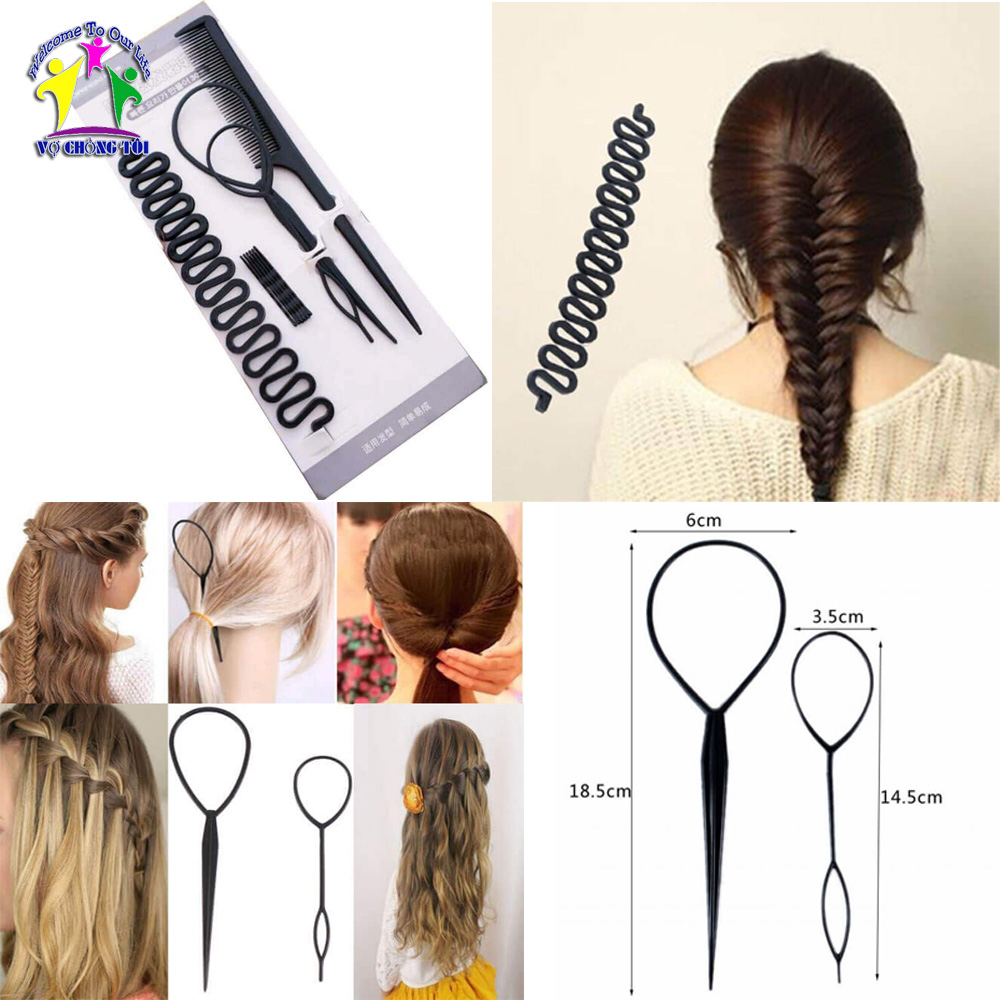 Dụng cụ tạo kiểu tóc 5 món đa năng, chải bới, búi tóc củ tỏi tròn, tết tóc thắt bính tại nhà - thương hiệu VỢ CHỒNG TÔI
