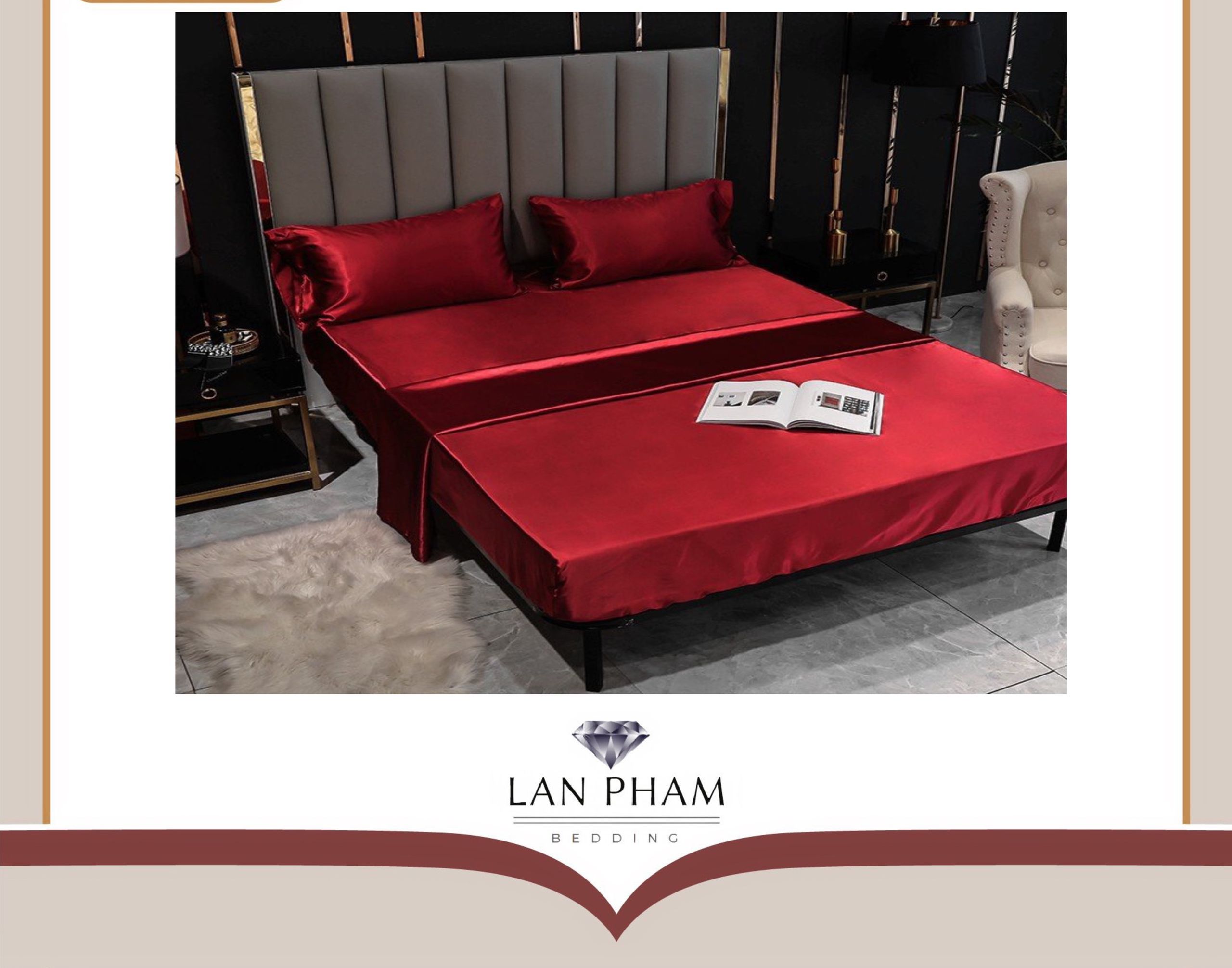 ( Lụa Loại 1) Bộ 4 Món Ga Gối Phi Lụa Đỏ Đô Lan Pham Bedding Hàng Loại 1 Mát Mịn