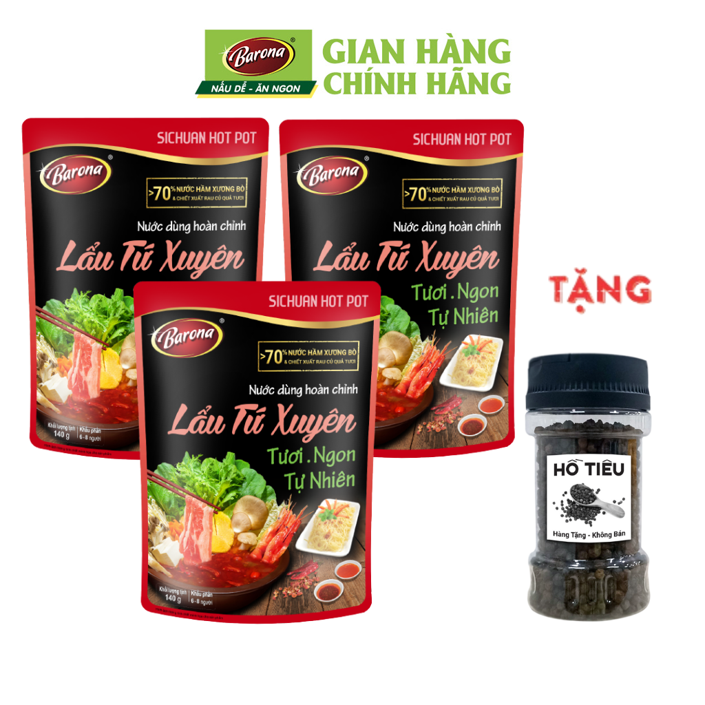 Combo 3 gói nước dùng lẩu lẩu tứ xuyên barona 140g, tặng tiêu hạt