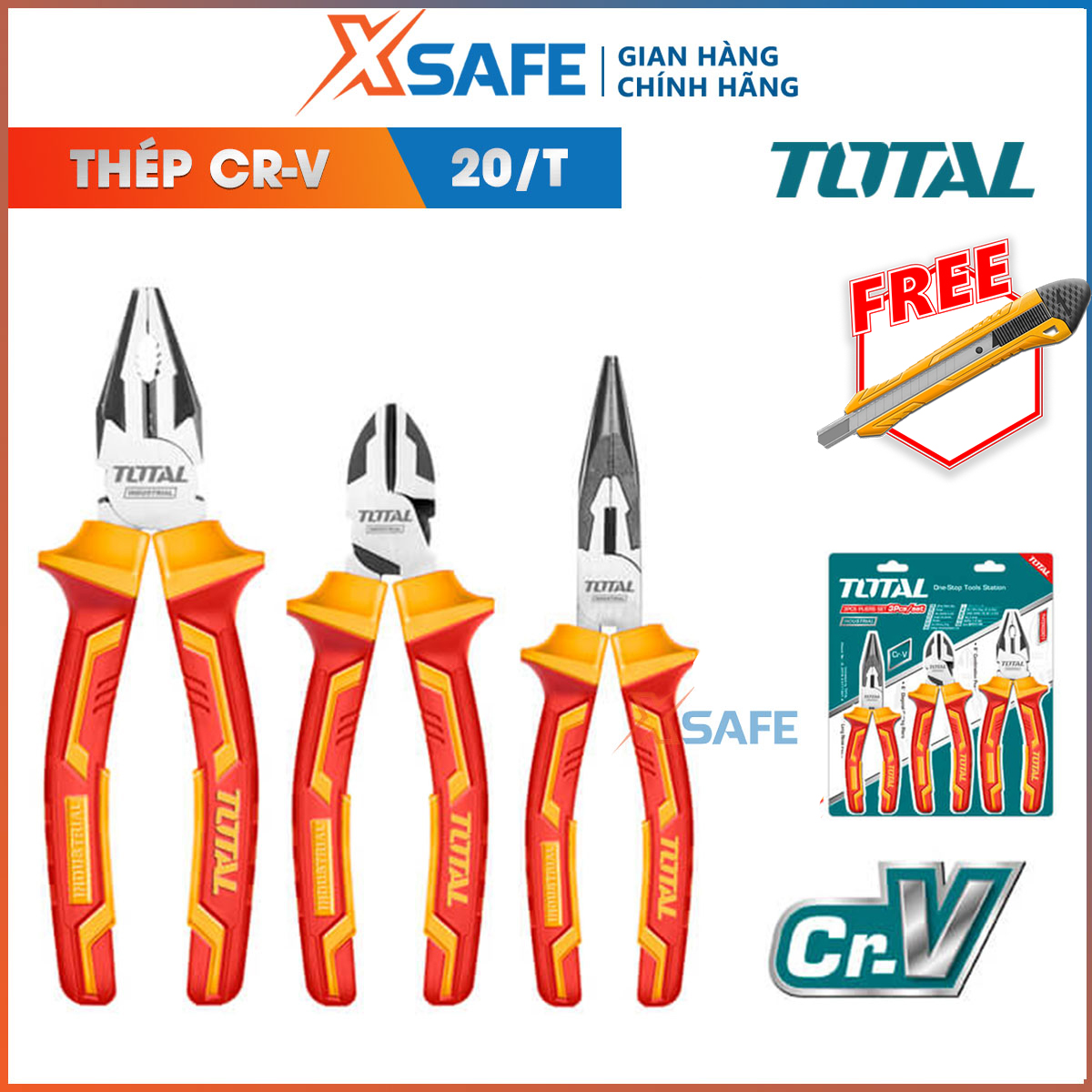 Bộ 3 kìm đa năng cách điện TOTAL THT2K0302 Kềm cắt kềm răng điện kềm mũi nhọn thép CrV siêu cứng bền cắt kẹp tuốt dây điện cáp kẽm, cách điện đến 1000V