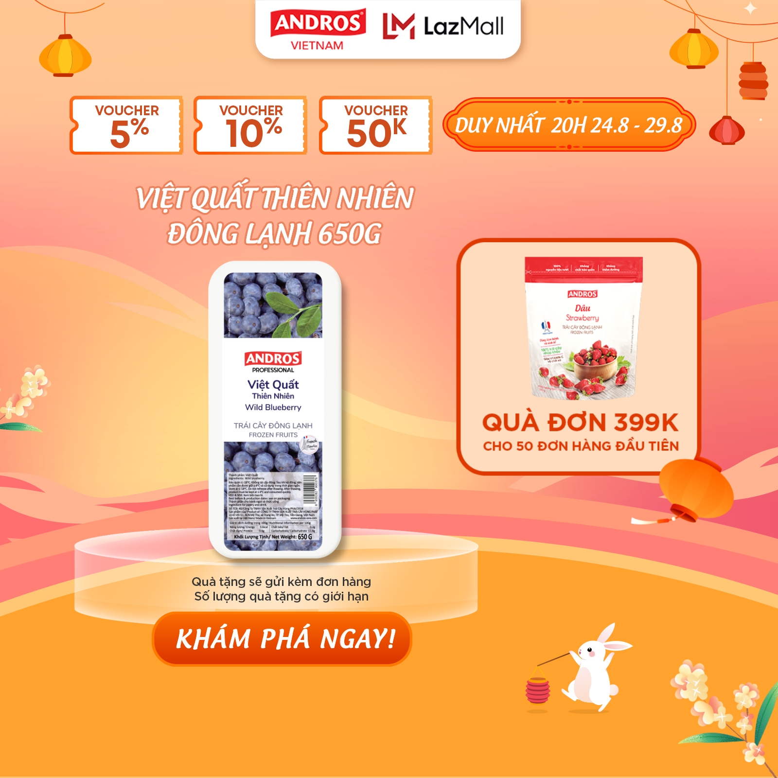 [Chỉ giao Hỏa Tốc - HCM] Việt Quất Thiên Nhiên Đông Lạnh - Không chất bảo quản - Trái cây đông lạnh ANDROS IQF - 650g