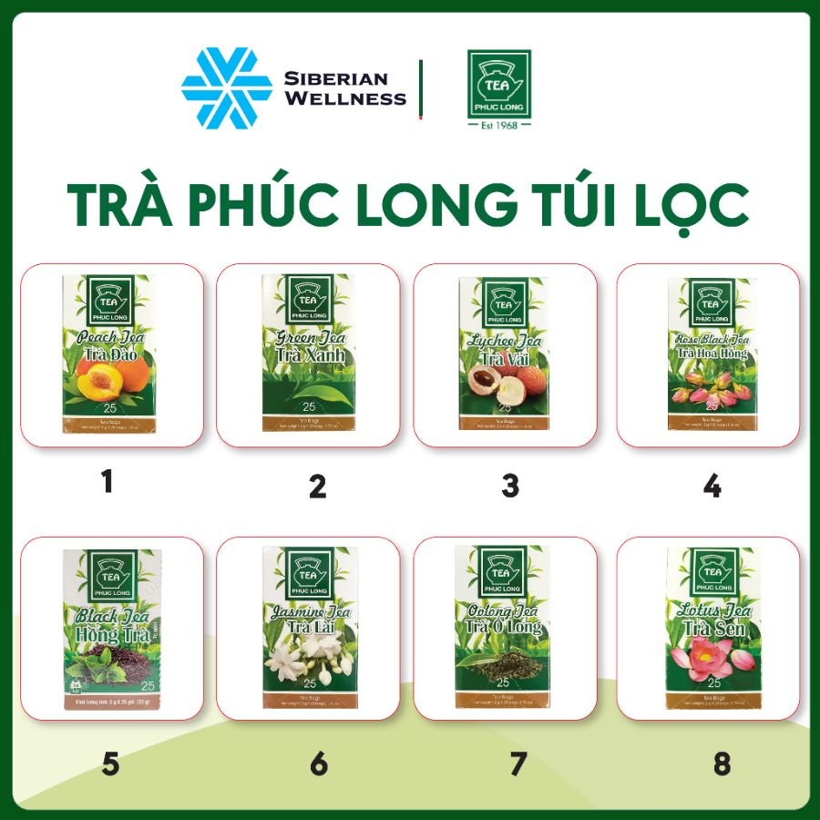 Trà túi lọc phúc long đủ vị đào vải lài sen xanh olong hoa hồng hồng trà, 2g x 25 gói