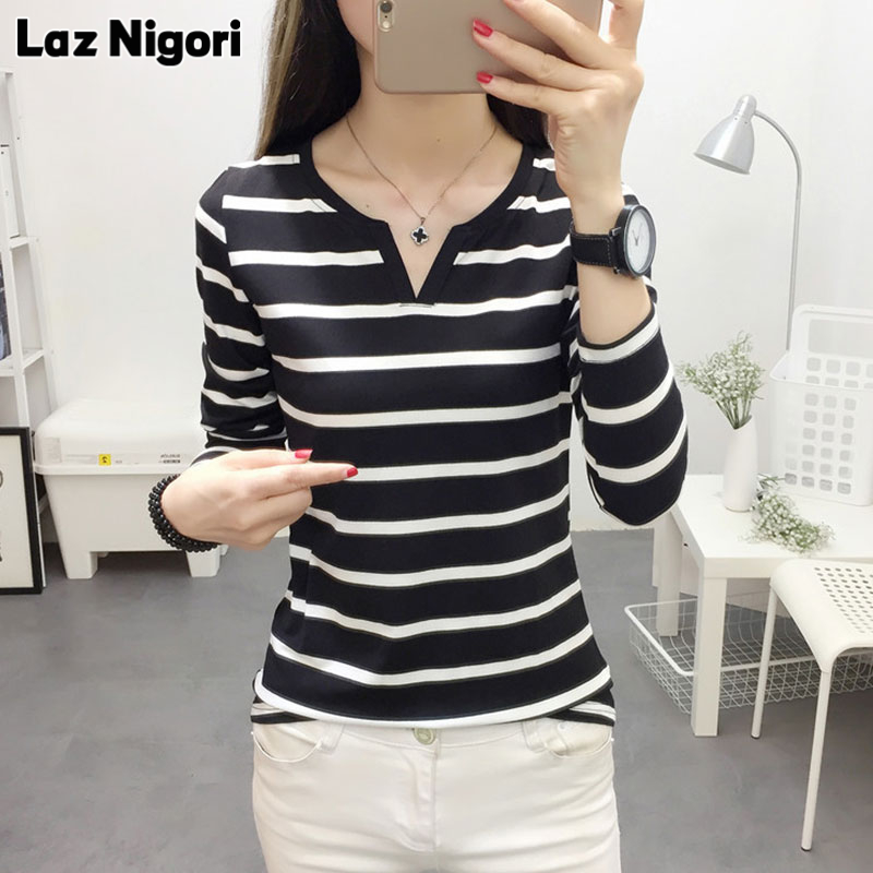 Laz Nigori  Áo Thun Nữ Áo Thun Nữ Tay Dài Cổ Chữ V Kẻ Sọc Dáng Ôm Phong Cách Hàn Quốc Mới Cho Nữ
