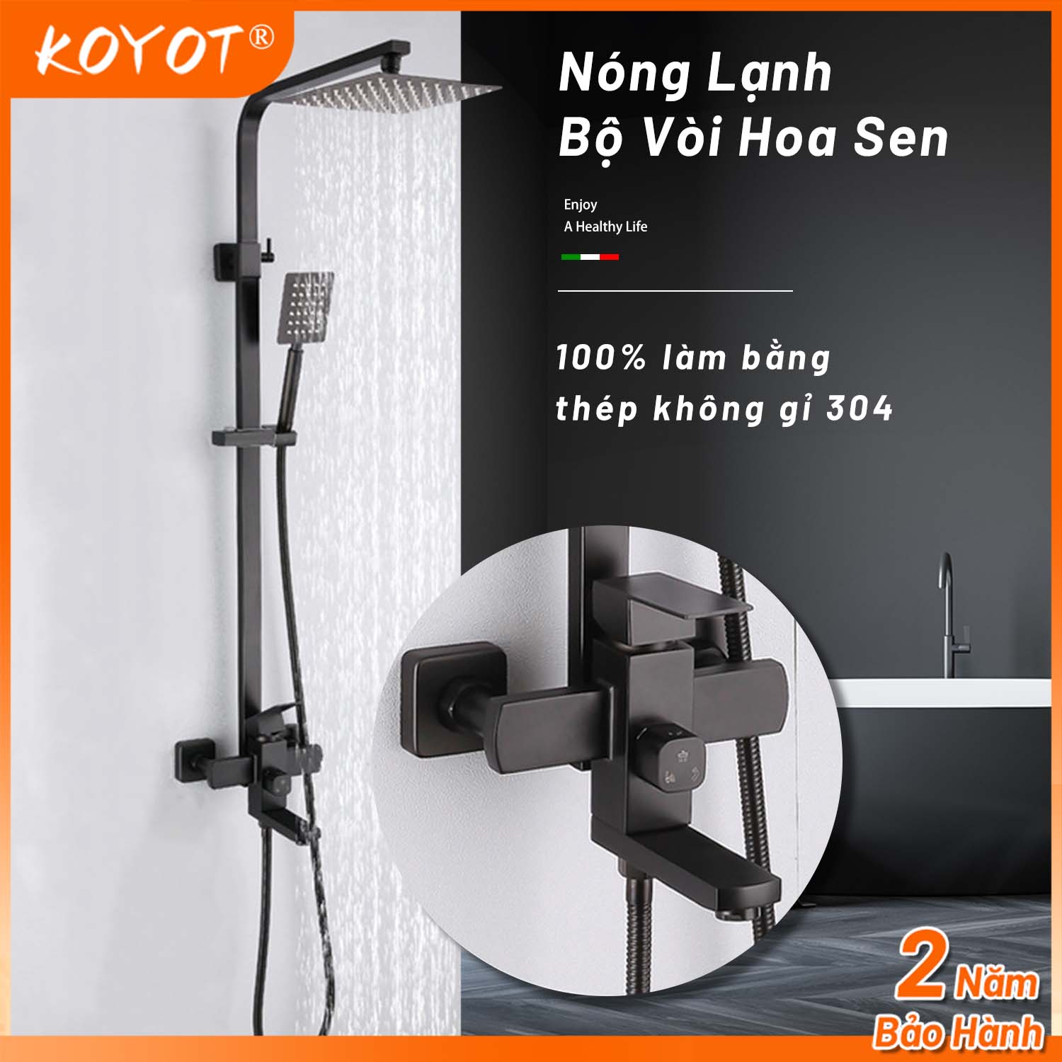 KOYOT Bộ Vòi Hoa Sen Thép Không Gỉ 304 Hình Vuông Đứng Nóng Lạnh Sen Tắm Tăng Áp Cao Tiết Kiệm Nước với Đầu Vòi Sen Cầm Tay Đầu Vòi Sen Phía Trên