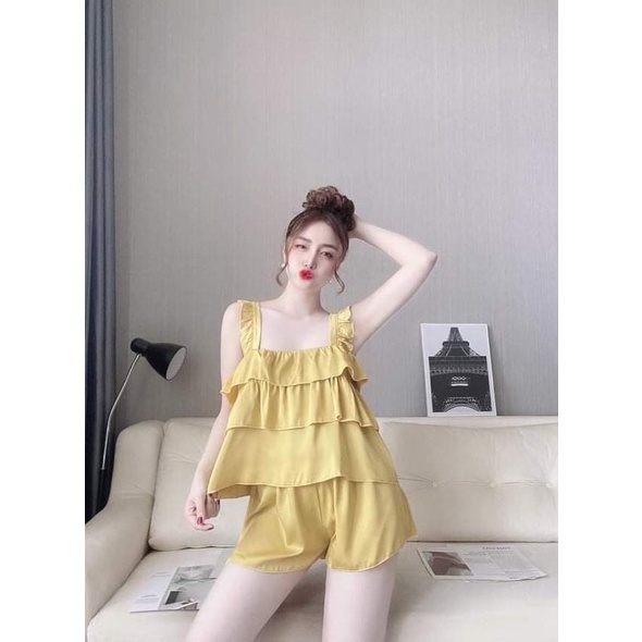 Bộ sexy nữ, bộ ngủ hai dây bản to hai tầng satin