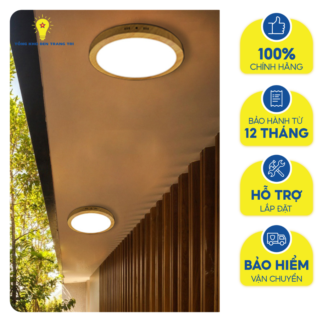 Đèn ốp trần phòng khách panel vân gỗ ánh sáng trắng thiết kế độc đáo với hình vuông và hình tròn