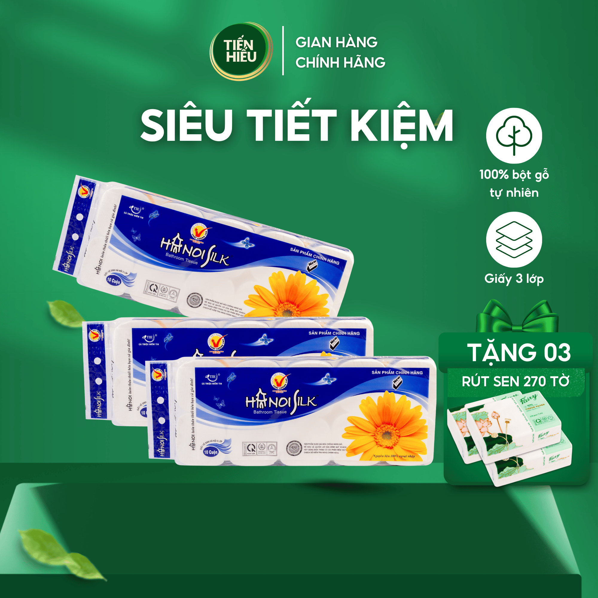 Combo Giấy Vệ Sinh Hà Nội Silk Xanh Dương 3 Lớp Không Lõi Bột Giấy Mềm Mịn An Toàn Tiết Kiệm. Tặng Kèm Bịch Giấy Rút FAIRY SEN 270 Tờ