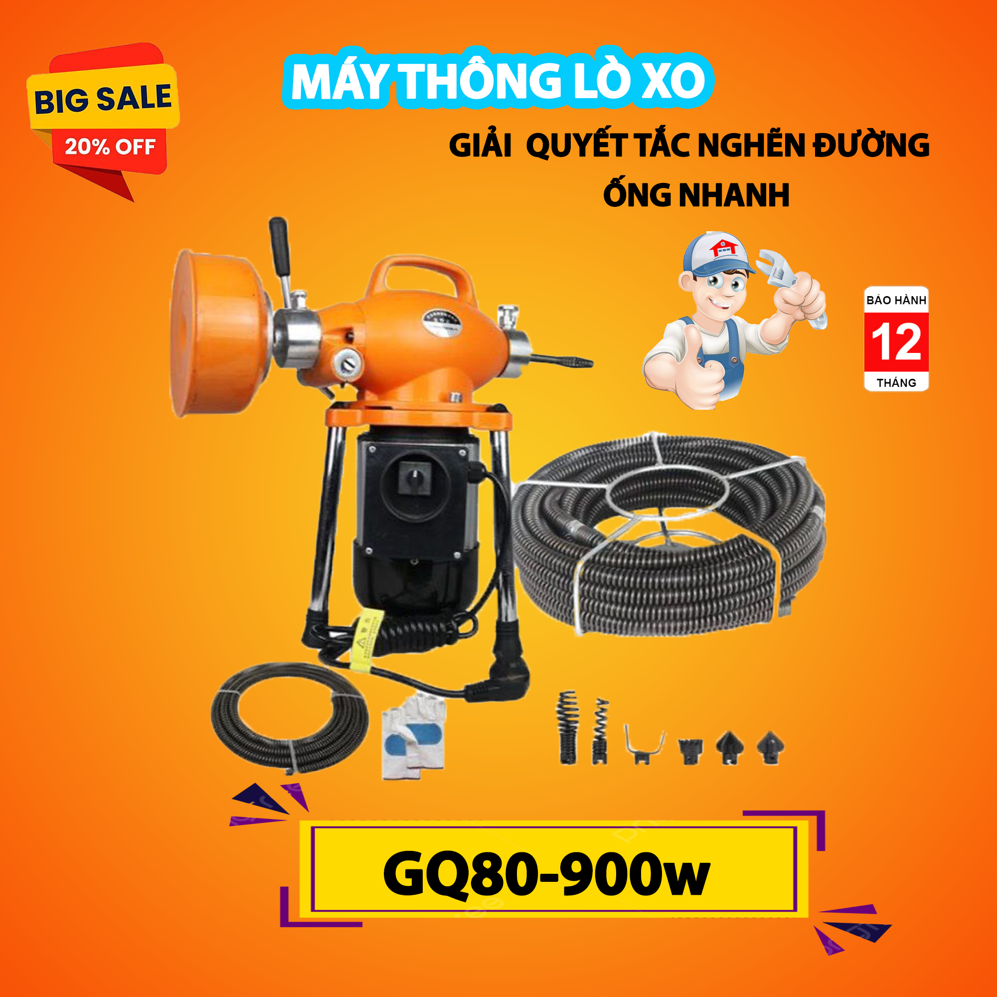 Máy thông cống lò xo GQ80 công suất 900 wat
