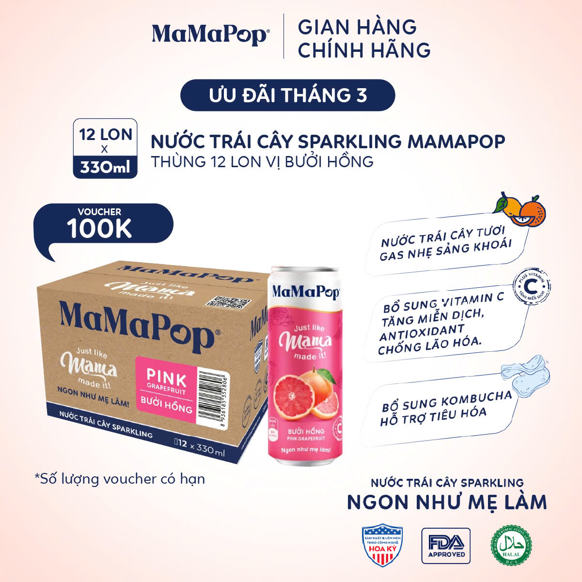  Thùng 12 lon nước trái cây sparkling Mamapop vị Bưởi Hồng 330ml 