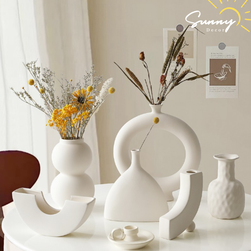 Bình hoa gốm Minimalist SUNNY phong cách nghệ thuật trừu tượng, Bình gốm trắng trang trí phong cách tối giản NHD-21031