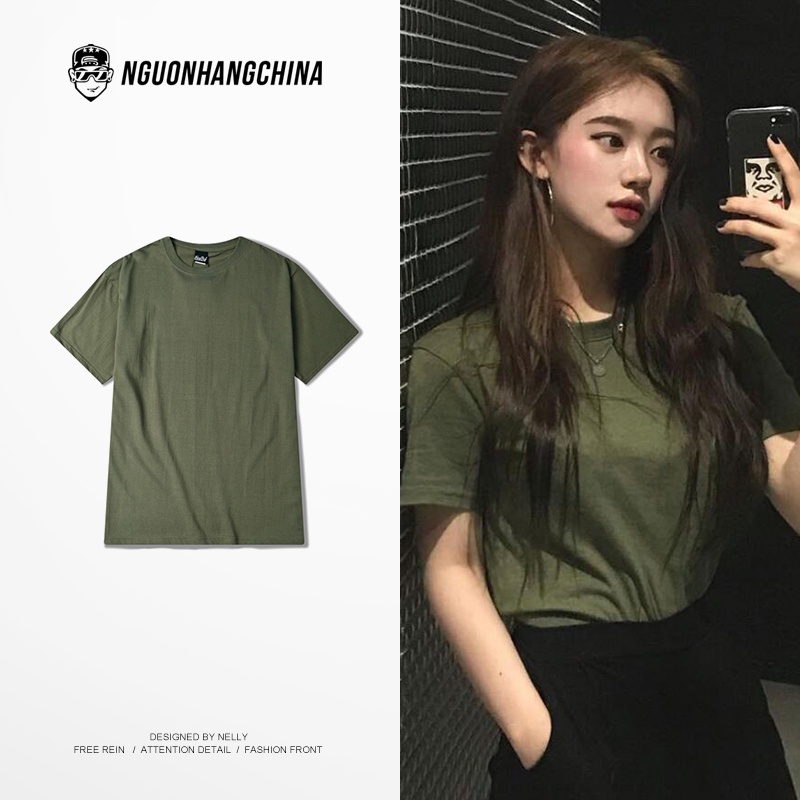 Áo phông Nelly Heybig tay ngắn basic trơn màu rêu chất cotton 100%