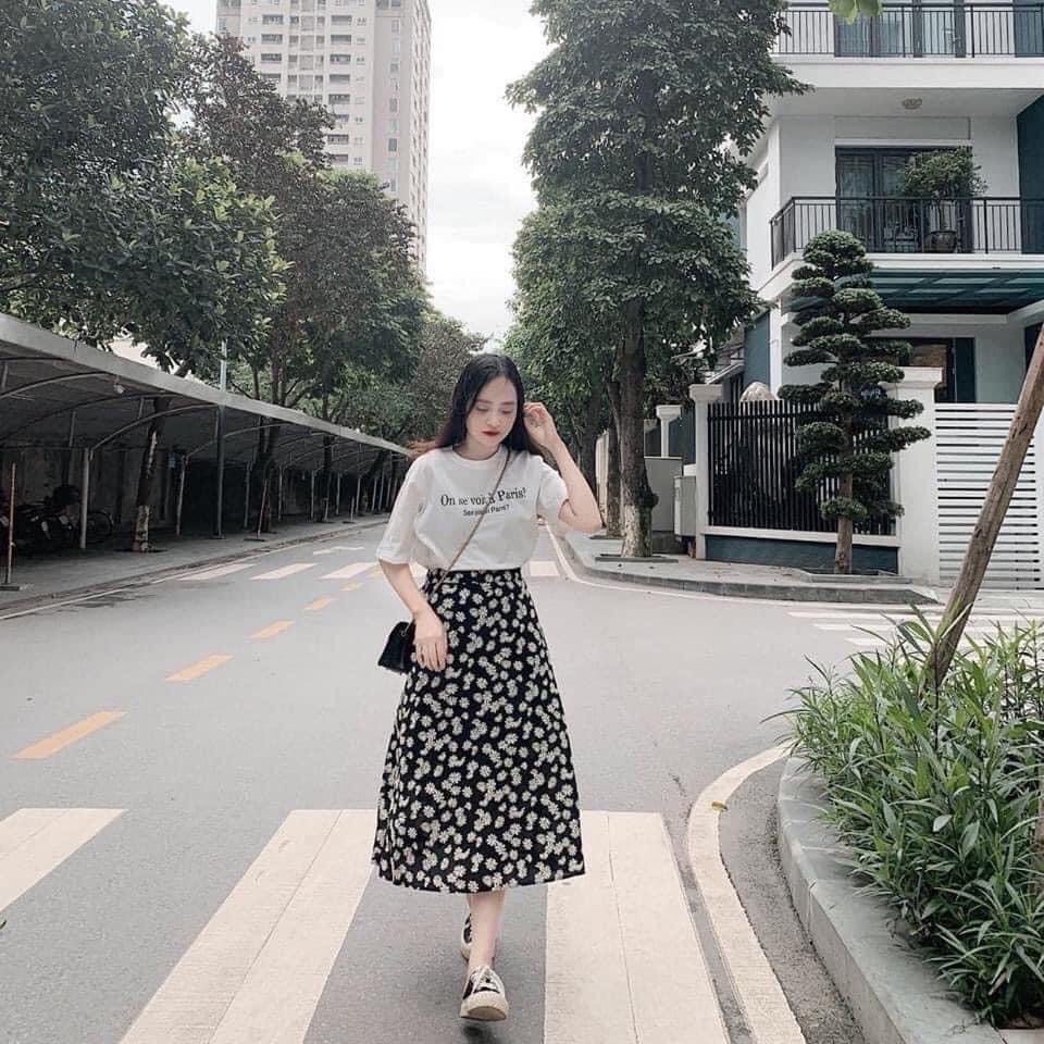 Set áo thun chân váy hoa nhí