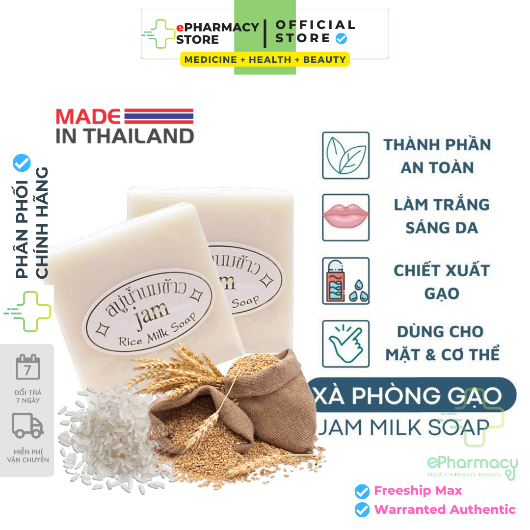 Xà Phòng Cám Gạo Và Sữa Tươi Jam Rice Milk Soap trắng da Thái Lan cho mặt và cơ thể 60g