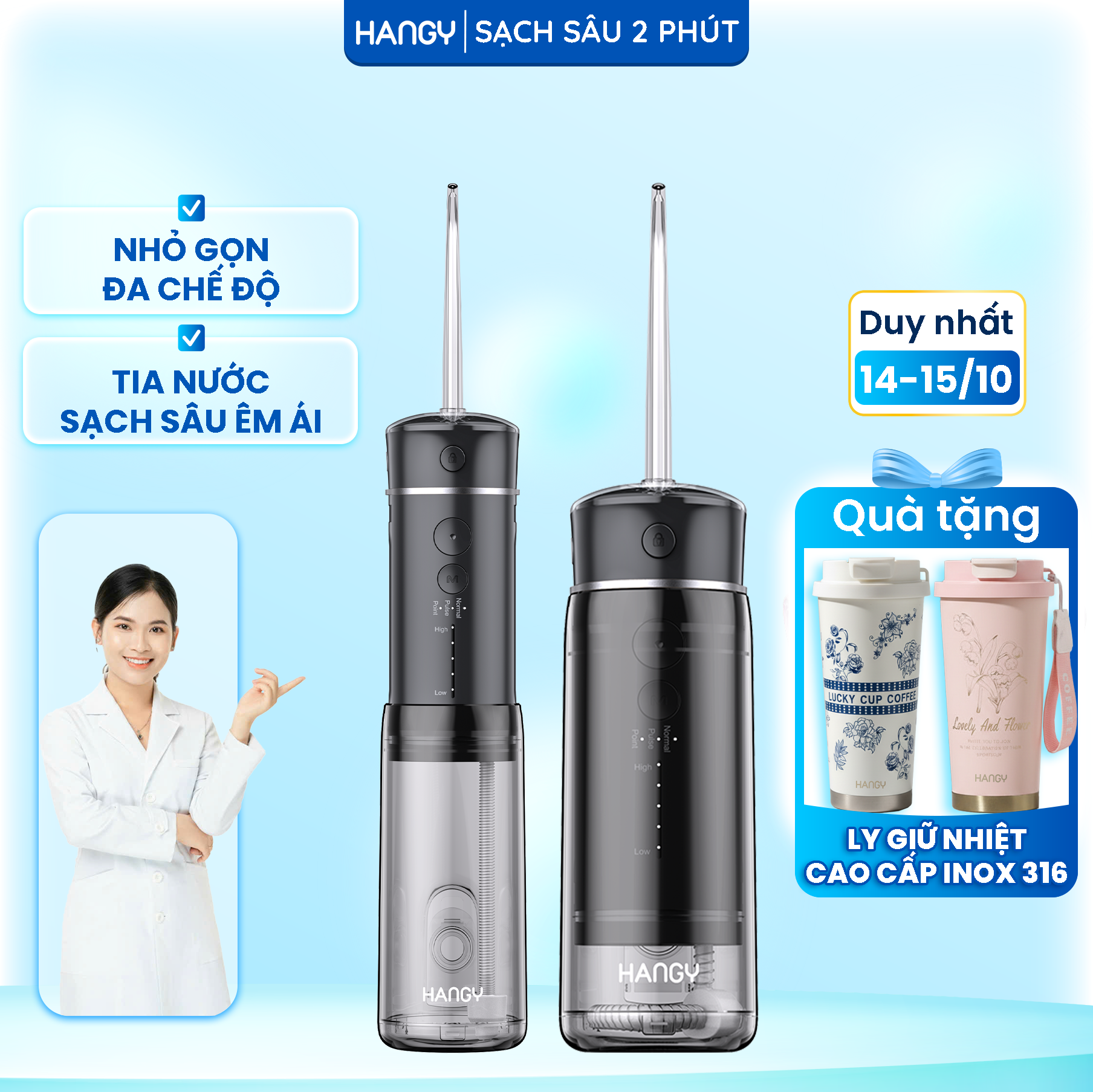 Máy tăm nước gấp gọn Hangy HM23 Nâng cấp công nghệ tia nước siêu âm - Bảo hành 1 đổi 1 trong 12 tháng