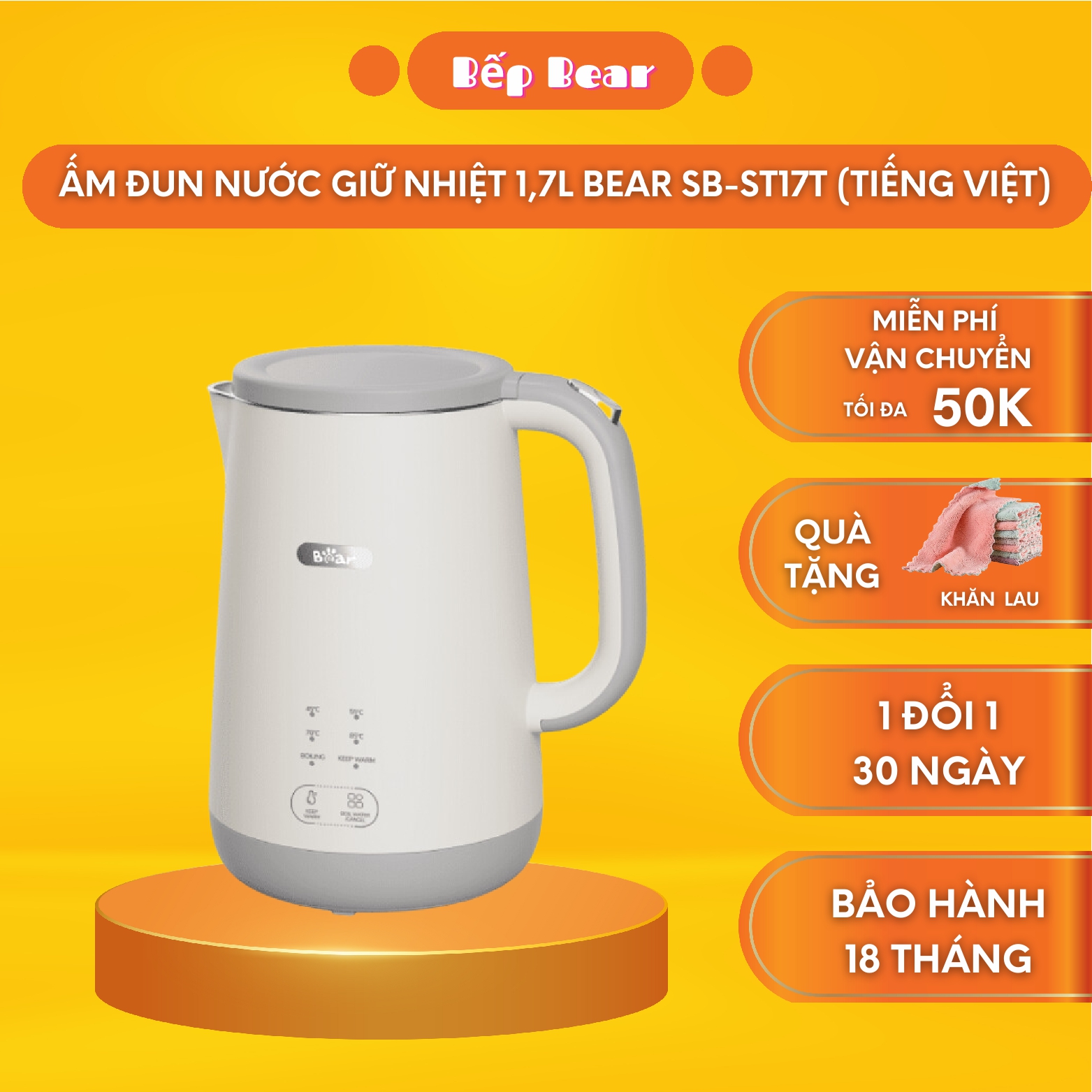 Ấm Siêu Tốc, Bình Đun Nước Siêu Tốc, Bình Thủy Điện Mini 1,7L BEAR SB-ST17T Đa Năng Sôi Nhanh, Giữ Nhiệt - Hàng Chính Hãng Bảo Hành 18 Tháng