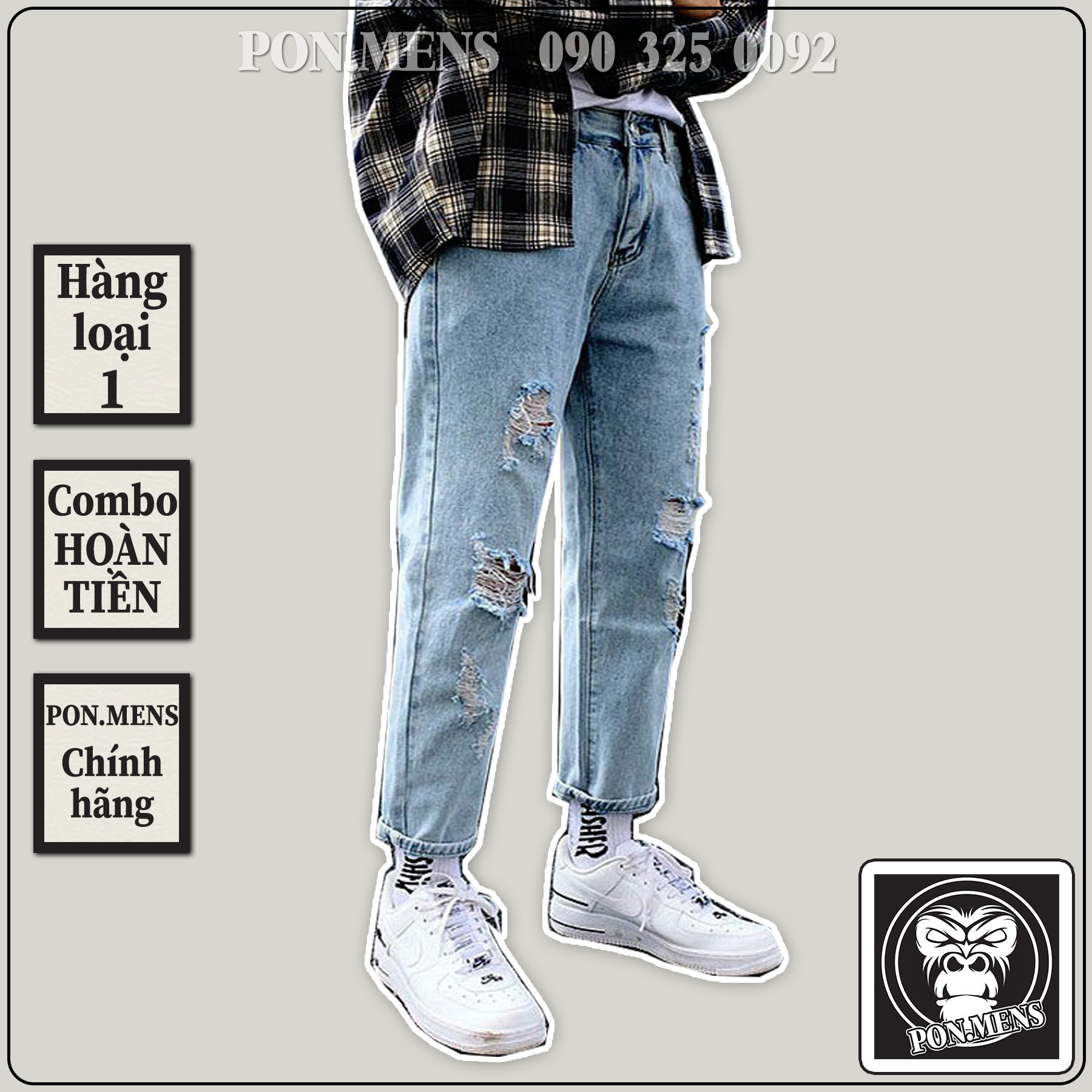 Quần jean baggy nam rách gối VNXK màu xanh sáng 049 Pon.mens