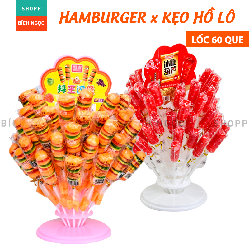 Kẹo dẻo que Hamburger, kẹo mút hồ lô 2023 - hương vị trái cây thơm ngon cho bé - lốc 60 cây