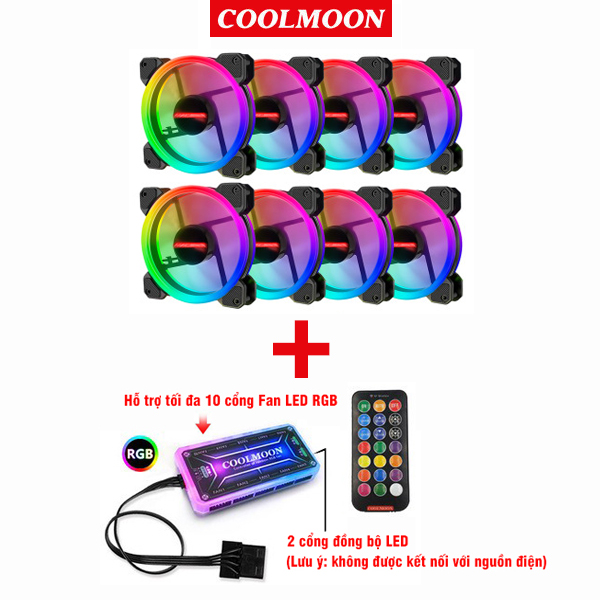 Bộ 8 quạt tản nhiệt, fan case coolmoon ver 2 / v2 dual ring led rgb - kèm hub + remote