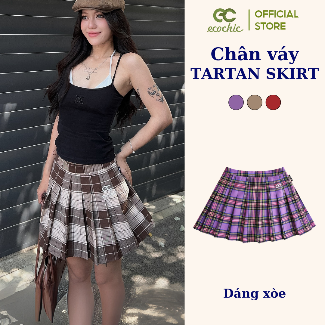 Chân Váy Xếp Li Ngắn Dáng Xoè ECOCHIC SKIRT TARTAN Hoạ Tiết Thổ Cẩm Nâu Tím Đỏ F135