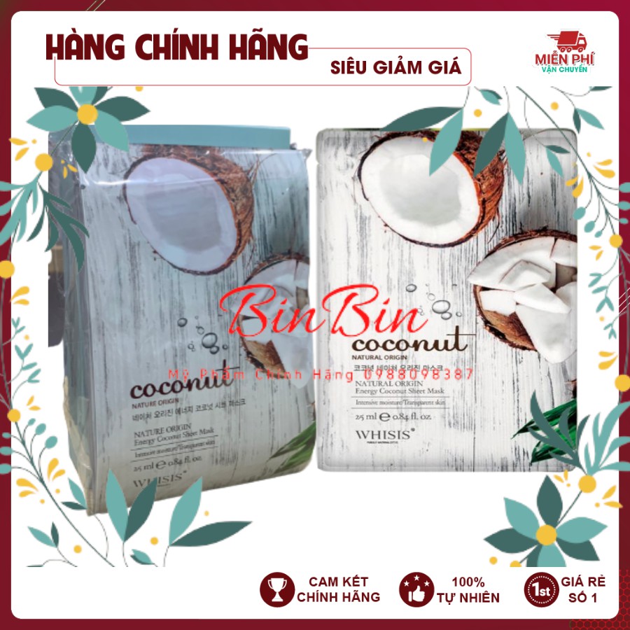 Túi 10 miếng mặt nạ giấy dưỡng trắng da - Se khít lỗ chân lông chiết xuất từ Dừa Whisis Hàn Quốc