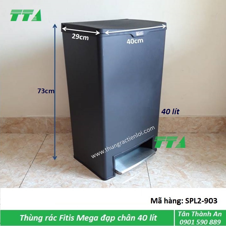 Thùng rác Fitis Mega vuông đạp chân 40 lít - SPL2-903