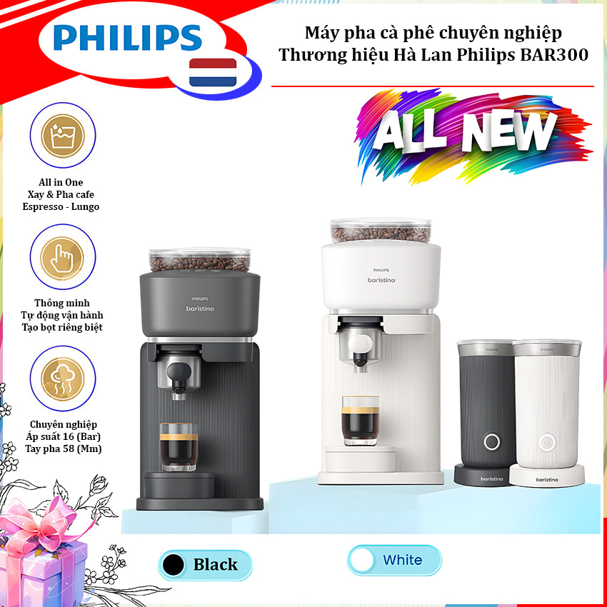 HÀNG CHÍNH HÃNG - Combo máy pha và máy tạo bọt cà phê Espresso, Lungo tự động chuyên nghiệp. Thương hiệu Hà Lan cao cấp Philips Baristina BAR300 - BAR311