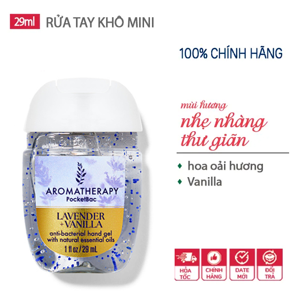   Hàng Mỹ  Gel rửa tay khô dưỡng ẩm diệt khuẩn mini Lavender Vanilla hương relax giảm stress - Bath & Body Works - 29ml 