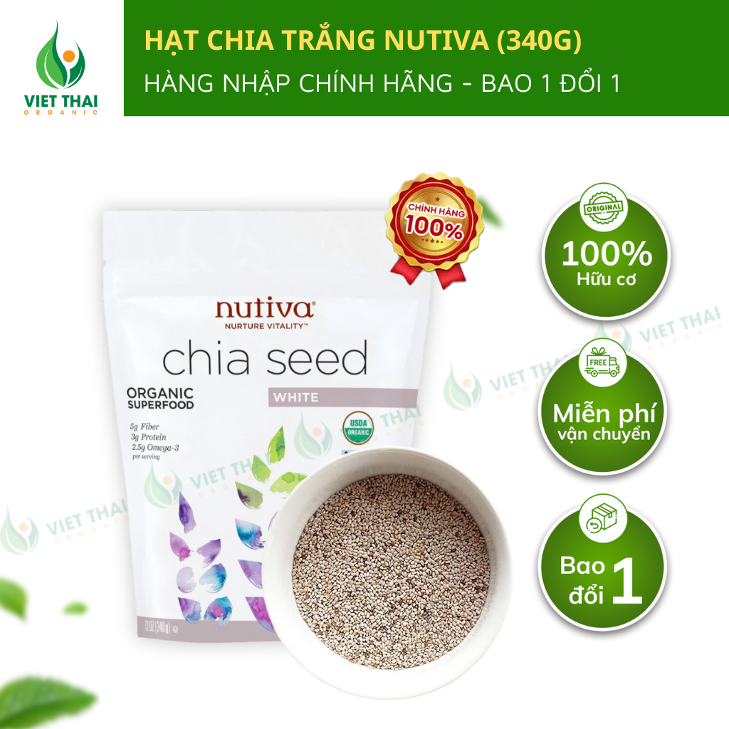 Hạt Chia Trắng Nutiva Mỹ Chuẩn Nhập 340gr - Hàng Organic Giàu Dinh Dưỡng Hỗ Trợ Giảm Cân - Việt Thái Organic