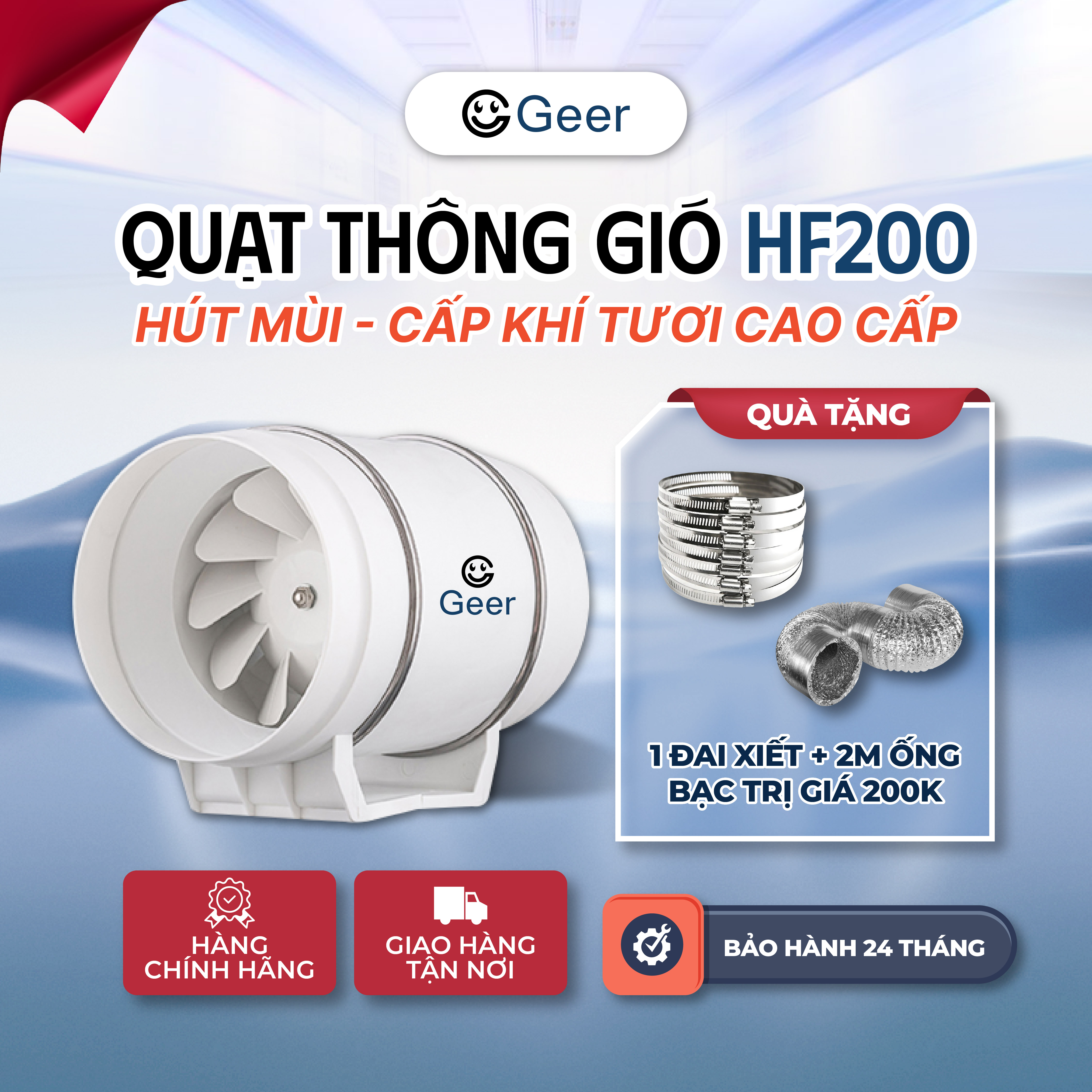 Geer Hf200 Exhaust Fan with 130W Capacity - Strong Suction Power, Quiet Operation, Energy Saving, Suitable for Kitchens and Industry, Genuine Product - Comes with 2m Double-Layer Silver Pipe + 1 Tightening Belt, Easy Installation Giá  875,900 Đồng*Miễn phí vận chuyển