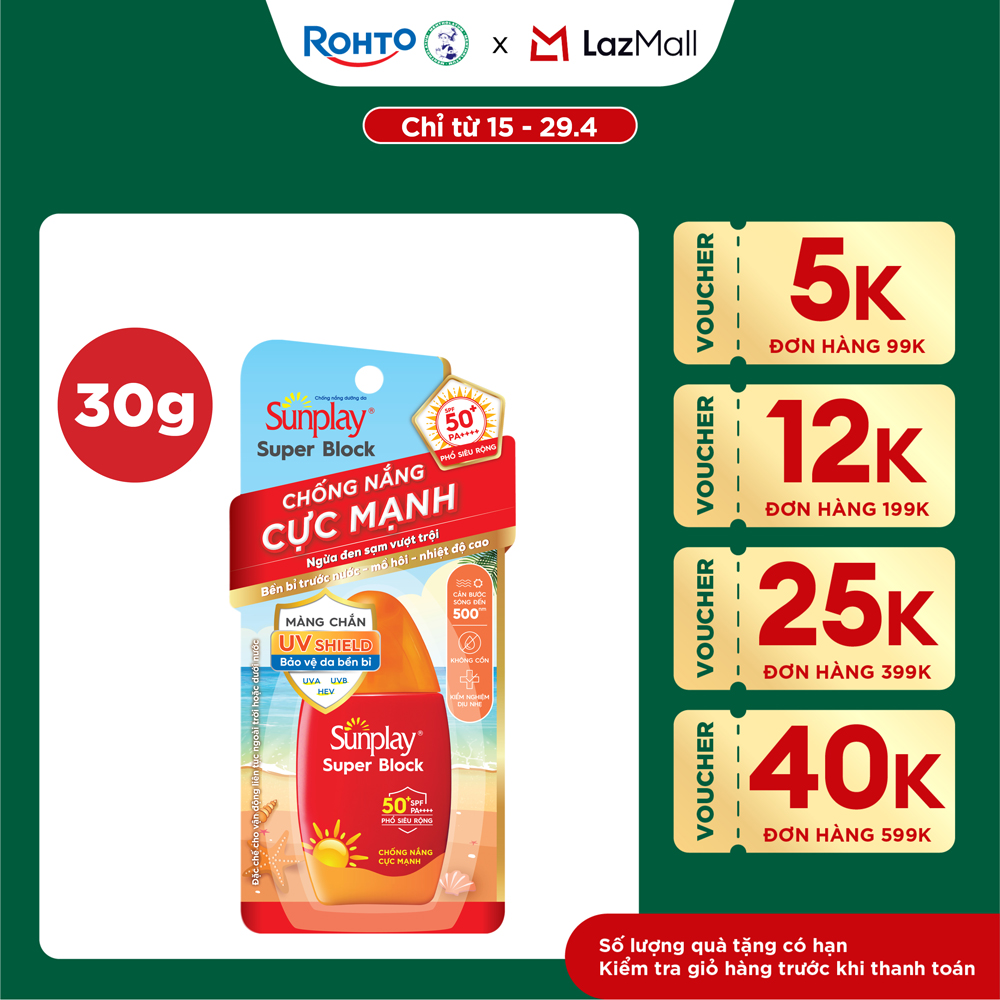 Kem chống nắng Sunplay cực mạnh, ngừa đen sạm da hiệu quả dạng sữa Sunplay Super Block SPF 50+, PA++++ 30g