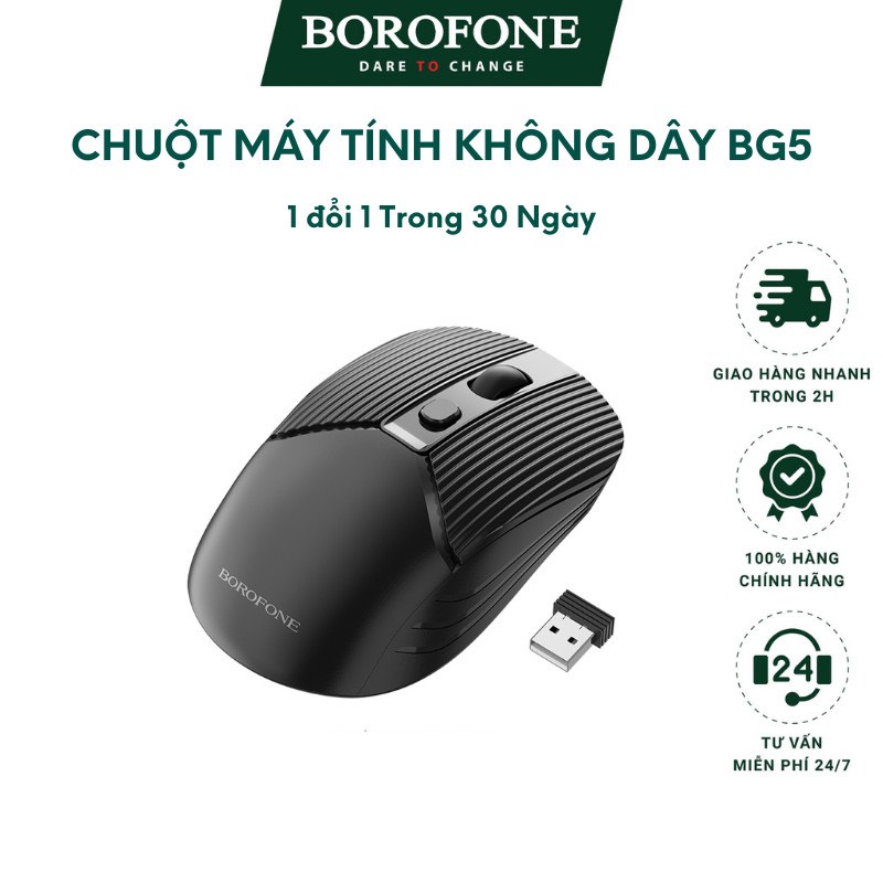 Chuột không dây bluetooth Borofone bg5, chuột máy tính laptop click không gây tiếng ồn sử dụng pin