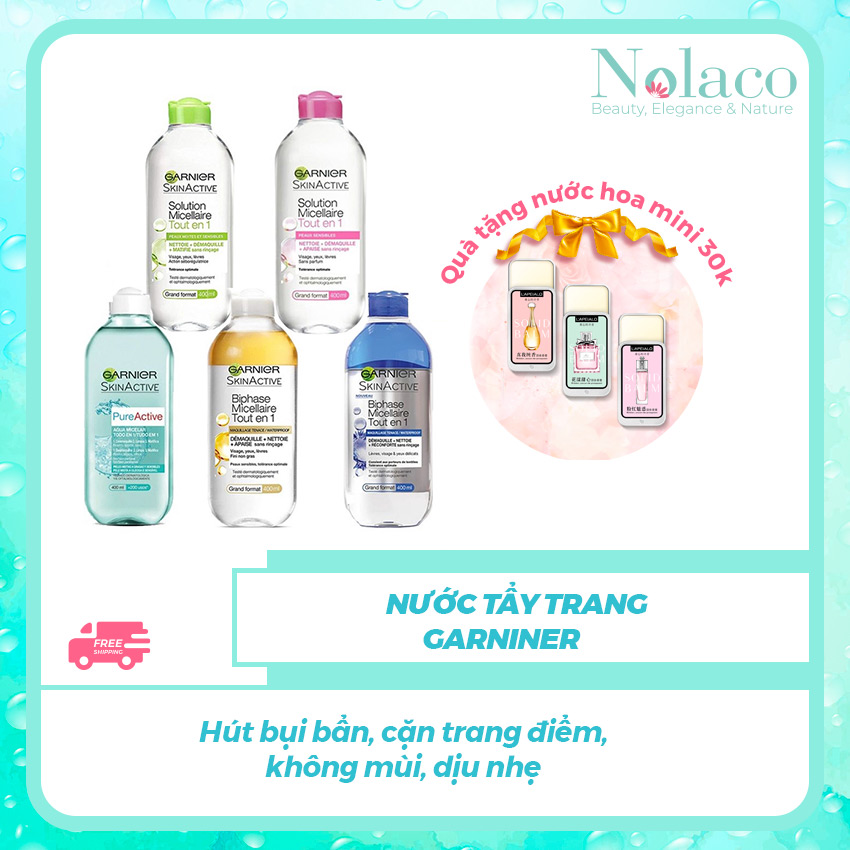 Nước tẩy trang Garnier +  Tặng kèm nước hoa khô mini 30k +  Hút bụi bẩn, cặn trang điểm; không mùi; dịu nhẹ + NOLACO