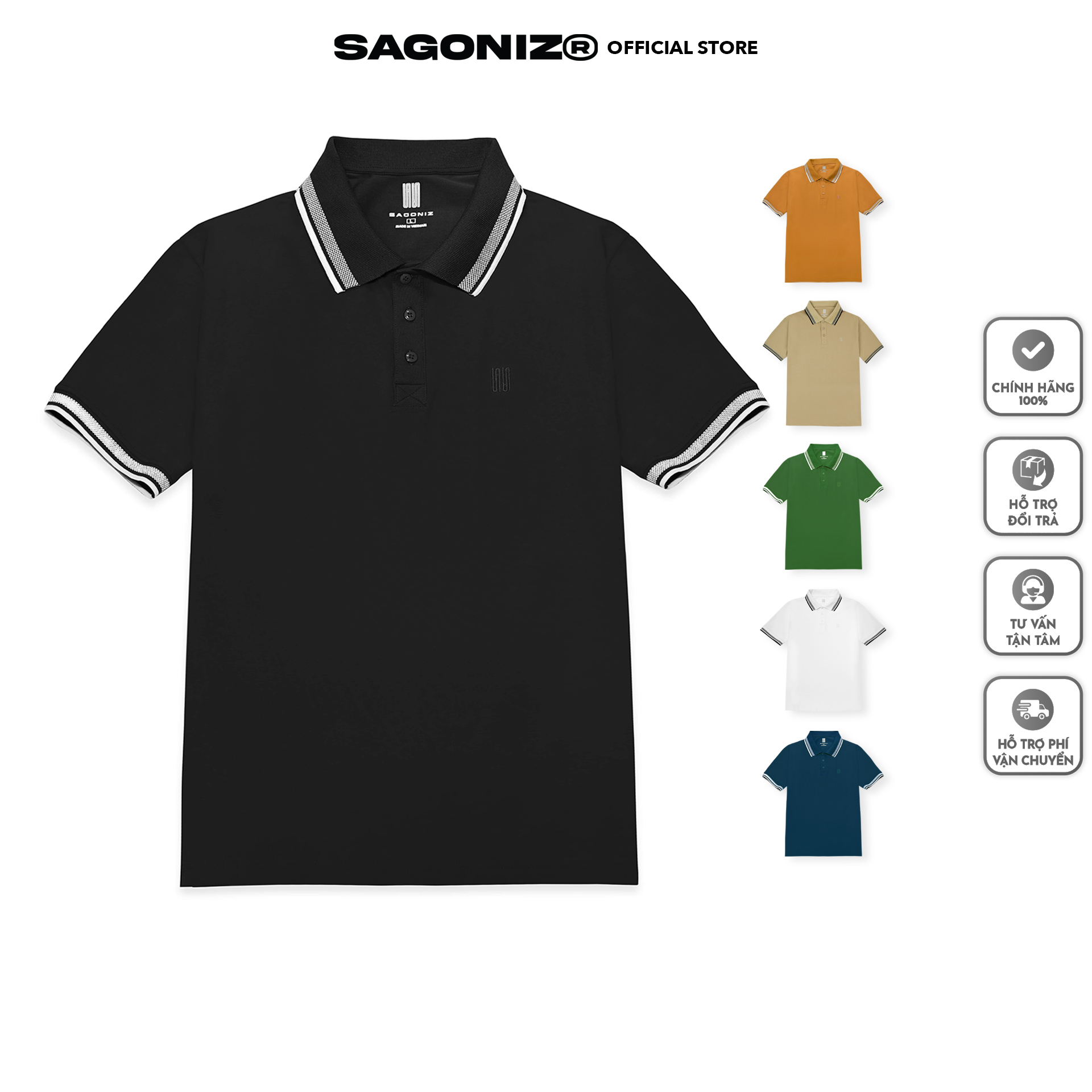Áo polo phối viền cotton, nam tính, thanh lịch, sang trọng - sagoniz®